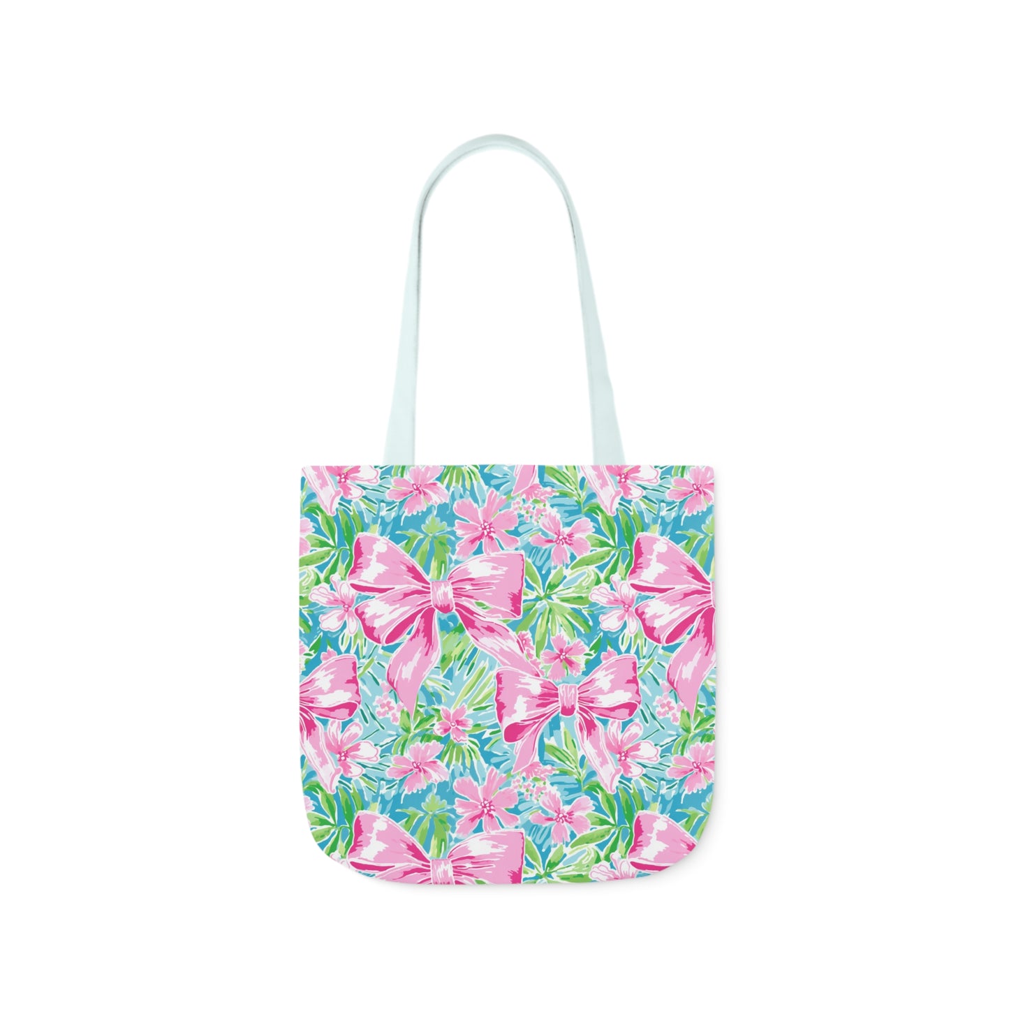 Preppy Pink Bows Bright Floral Canvas Tote Bag, 5-Color Straps