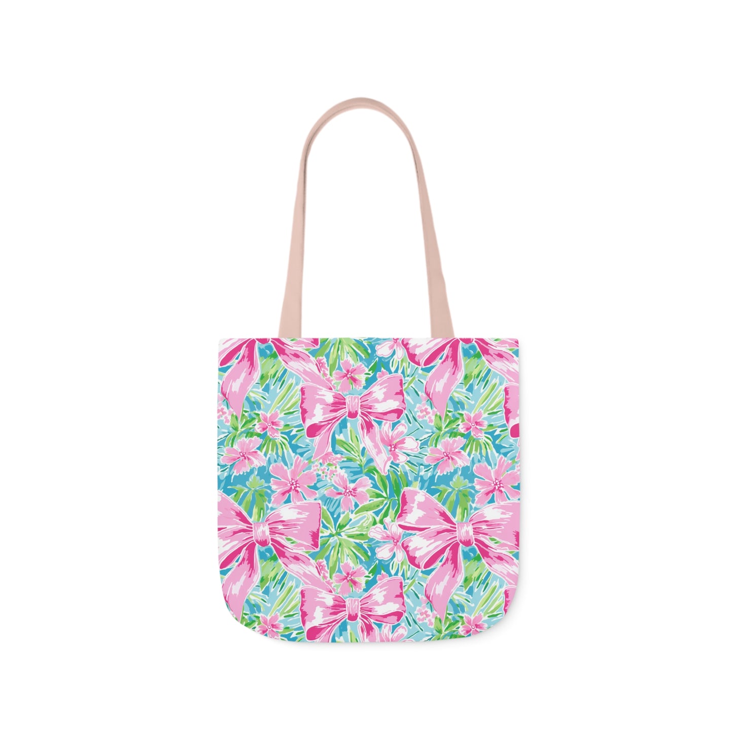 Preppy Pink Bows Bright Floral Canvas Tote Bag, 5-Color Straps