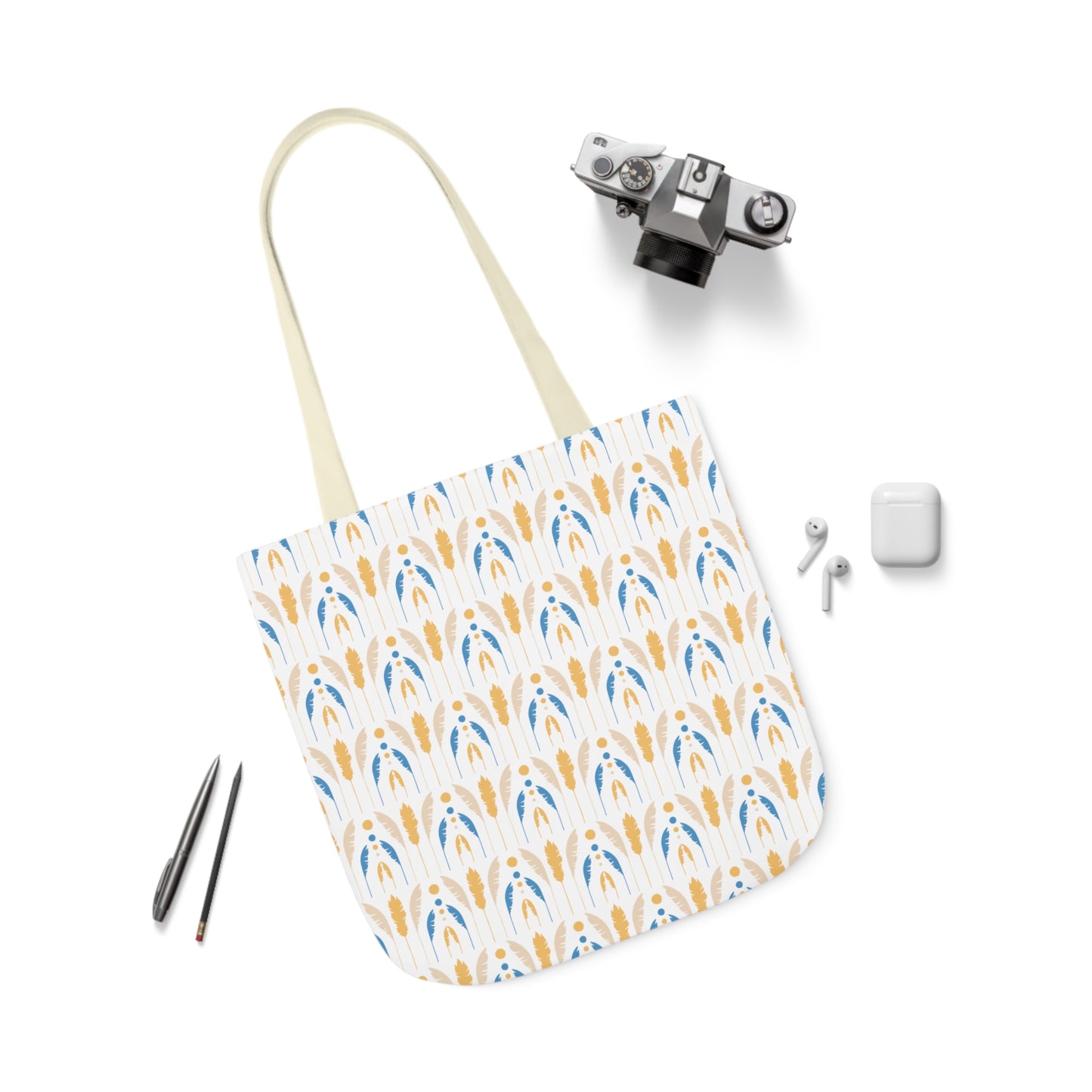 Yellow and Blue Fronds Canvas Tote Bag, 3-Color Straps