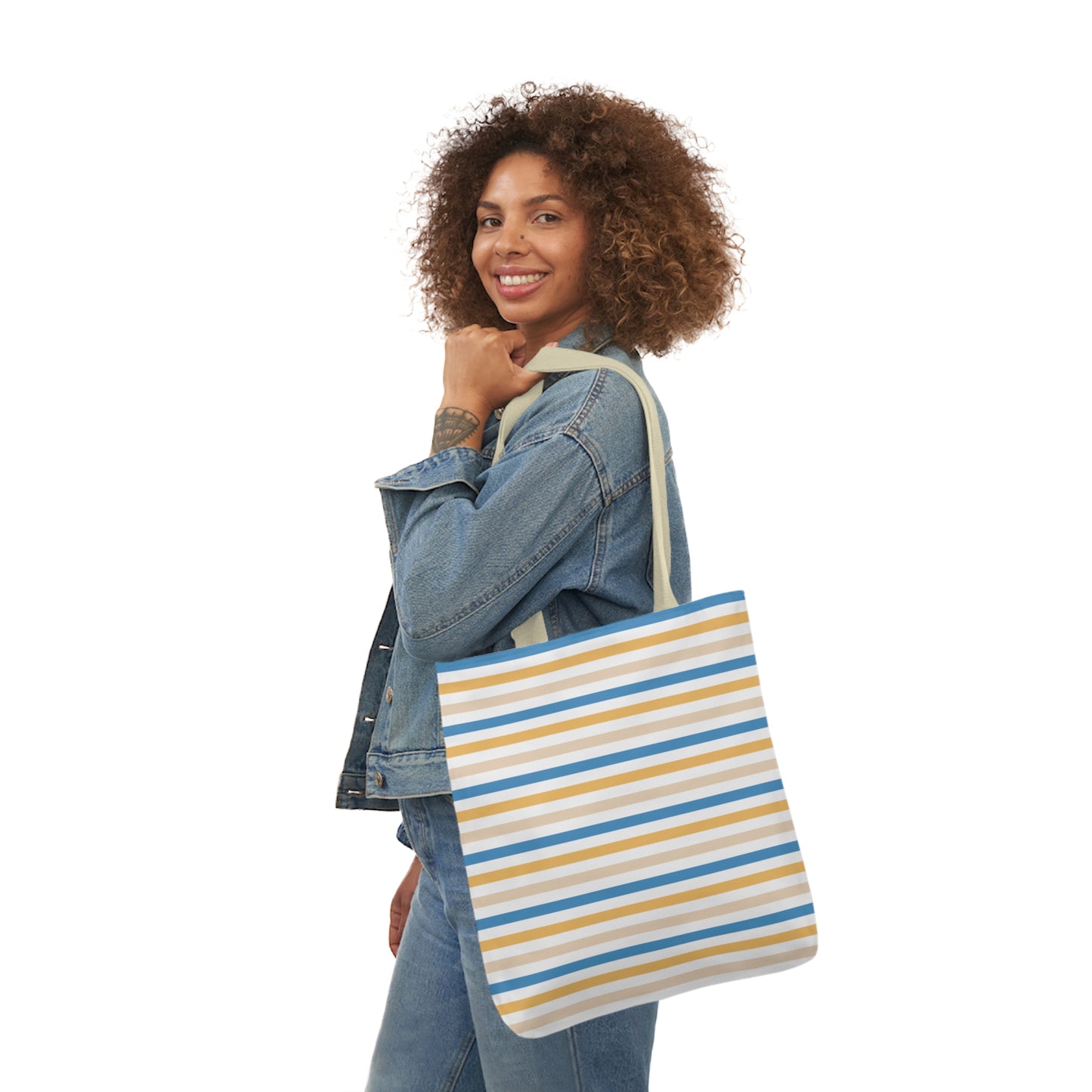 Yellow and Blue Stripe Canvas Tote Bag, 3-Color Straps