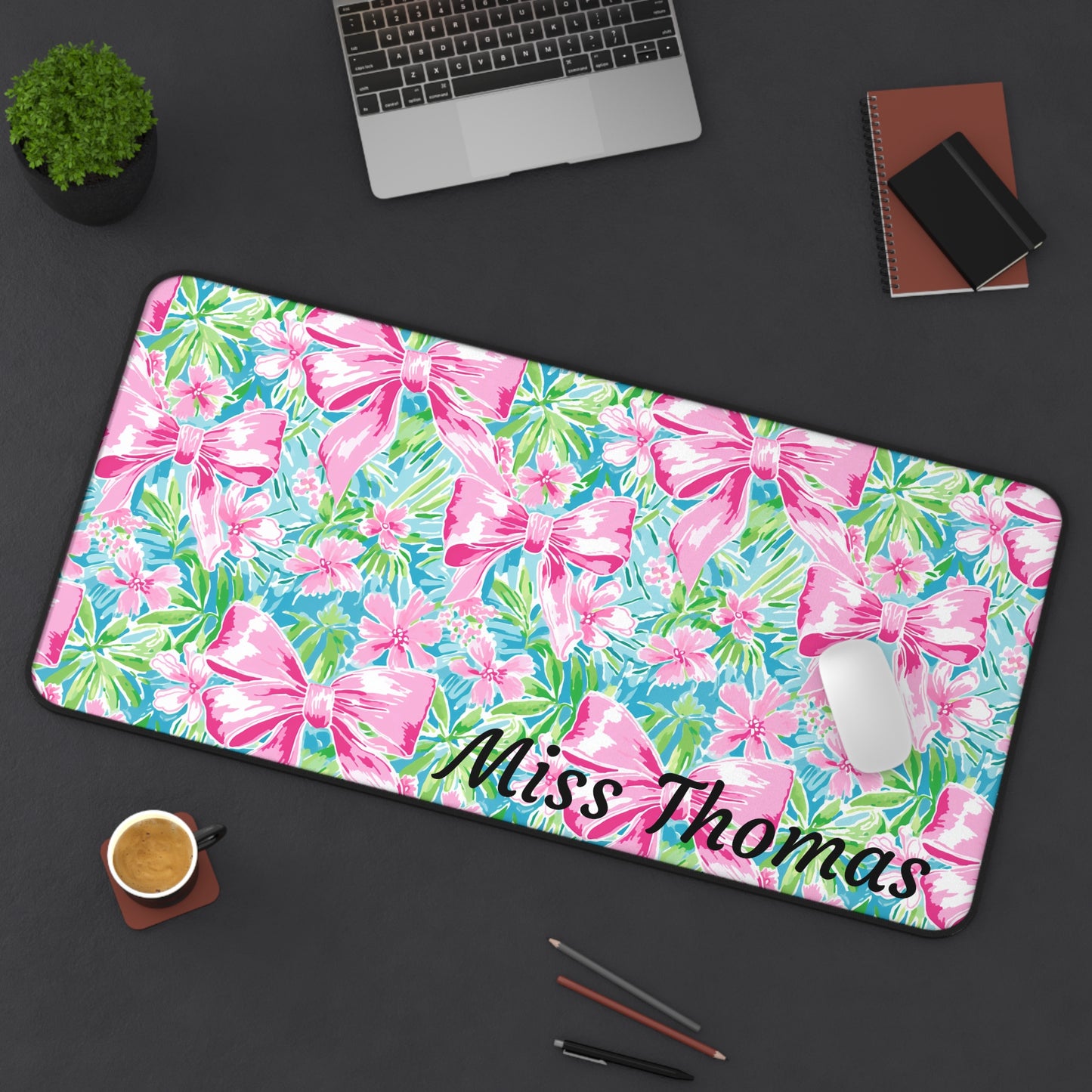 Personalized Preppy Pink Bows Bright Floral Desk Mat