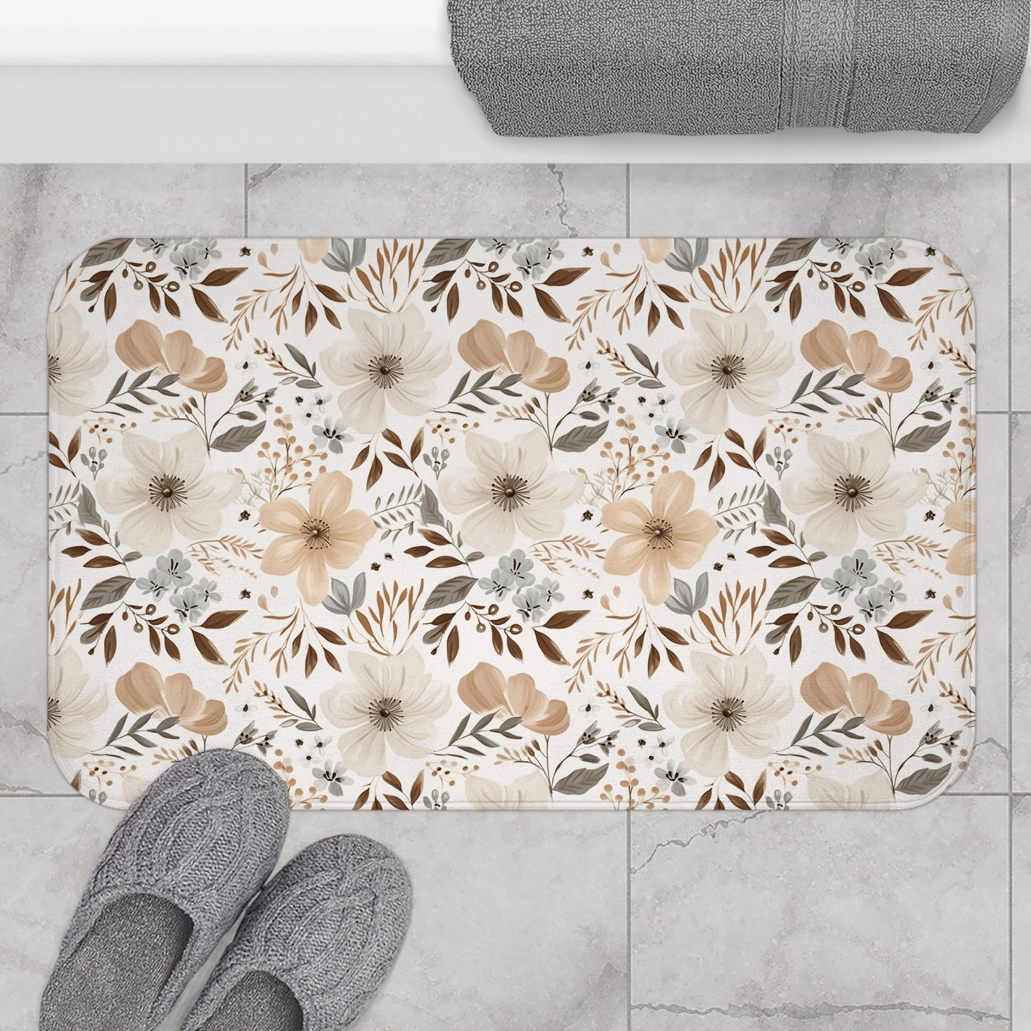 Beige Boho Floral Bath Mat