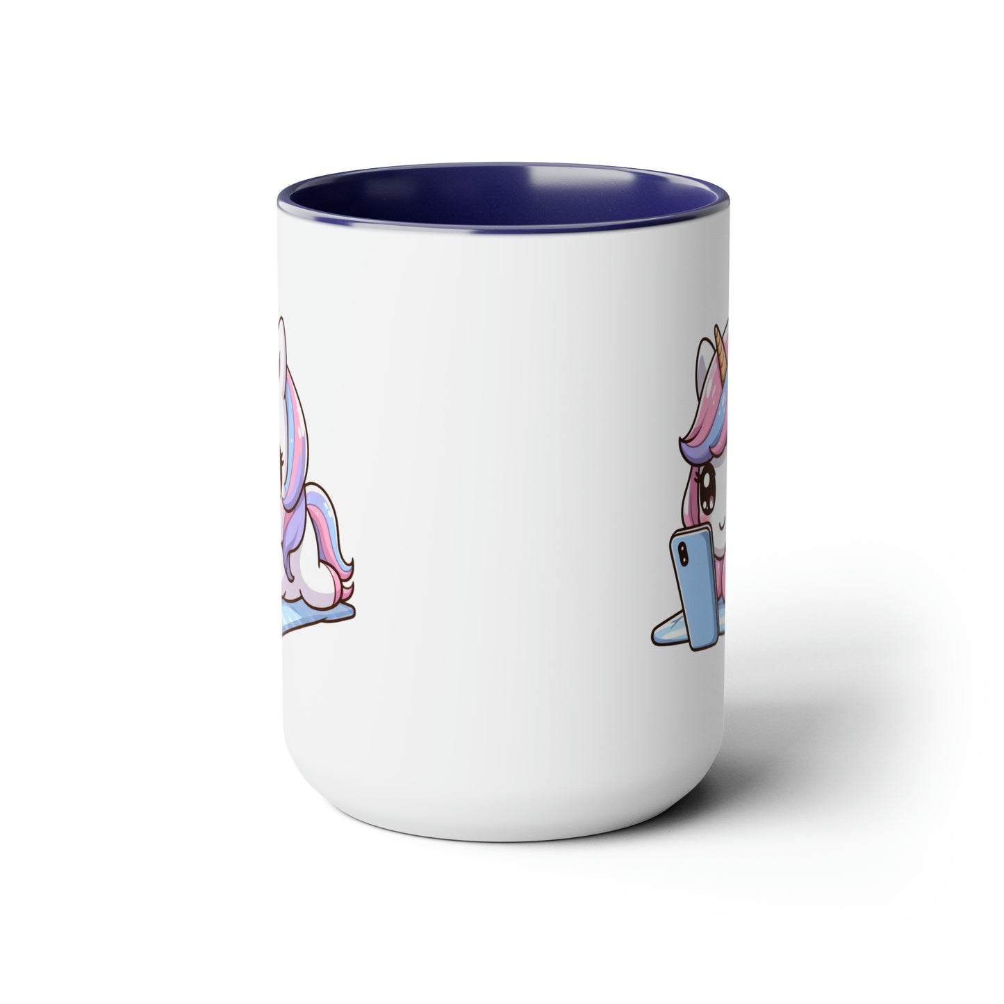 Cute Unicorn with Phone Two-Tone Coffee Mugs, 15oz