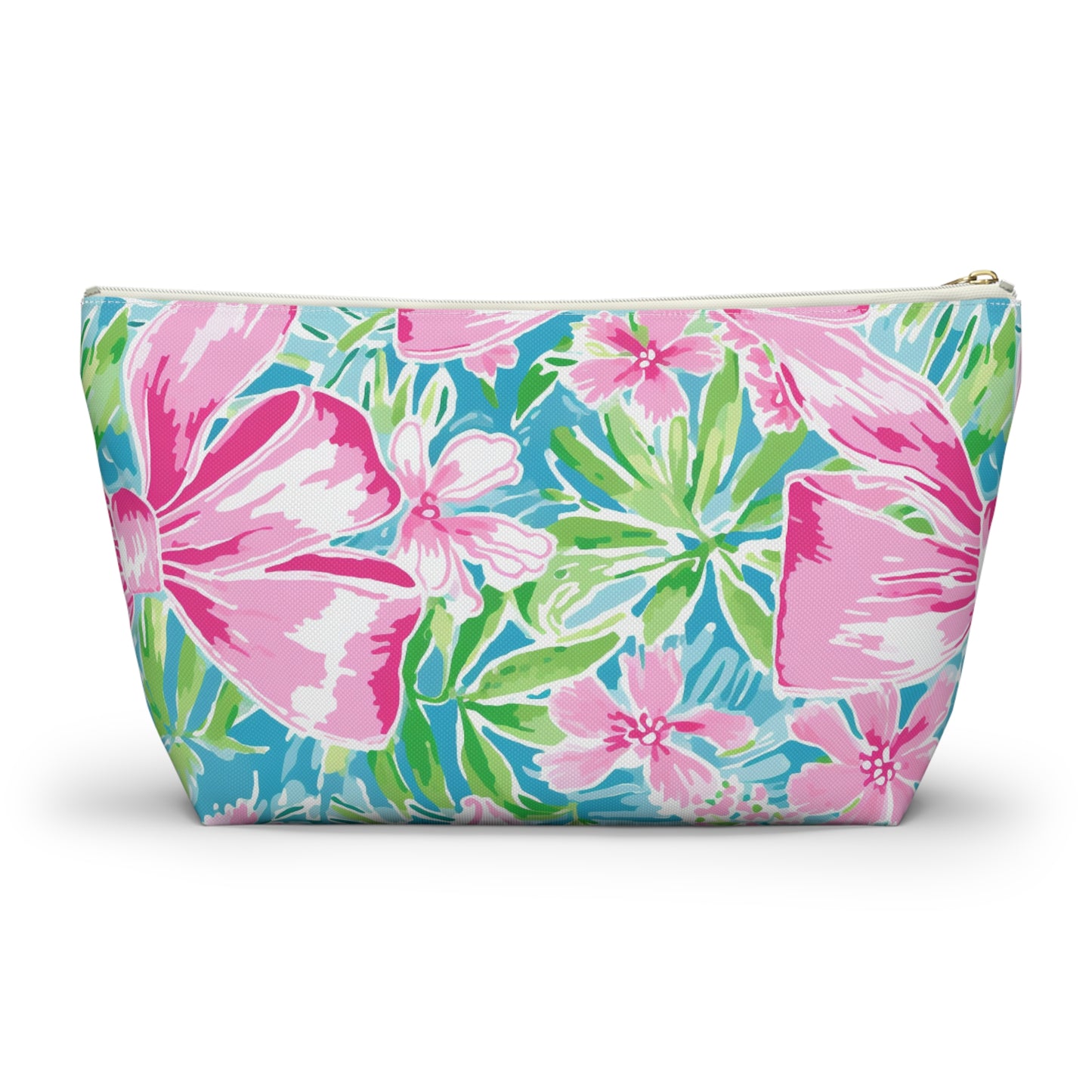 Preppy Pink Bows Bright Floral Accessory Pouch w T-bottom