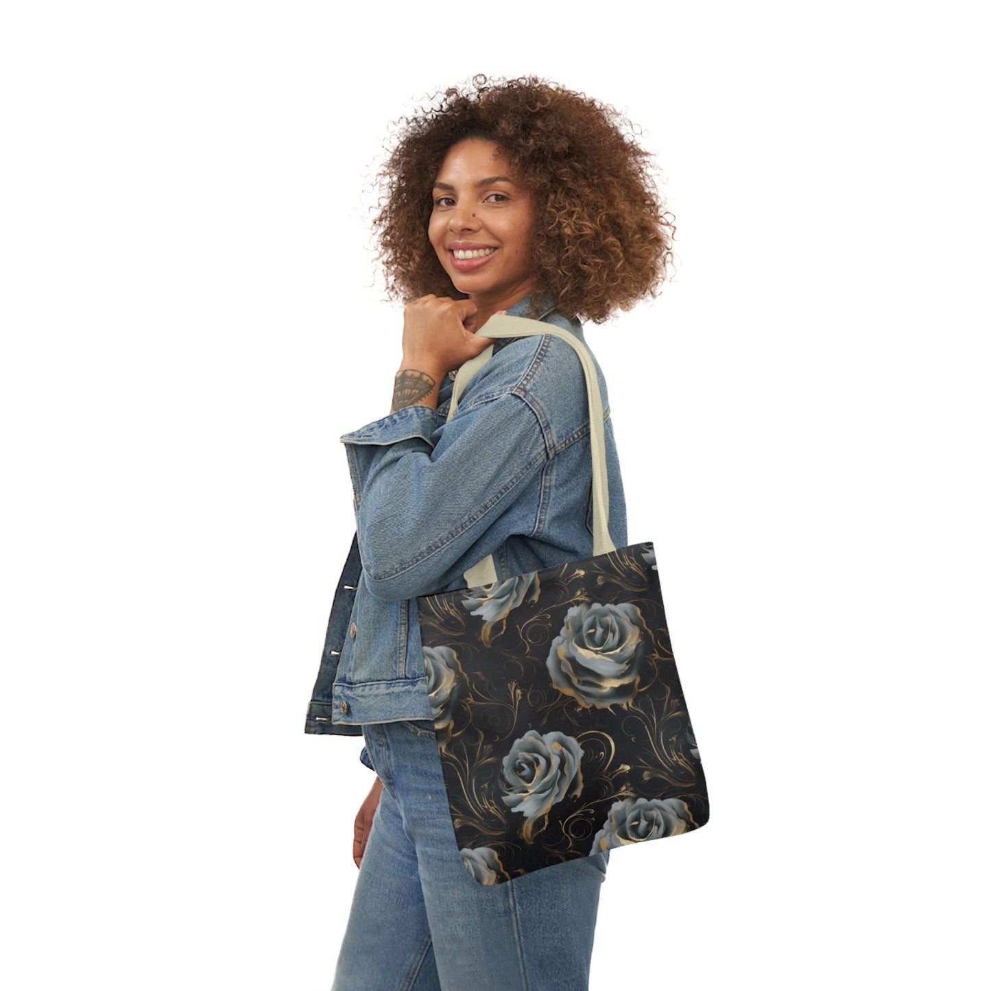 Black Blue Rose Canvas Tote Bag, 4-Color Straps