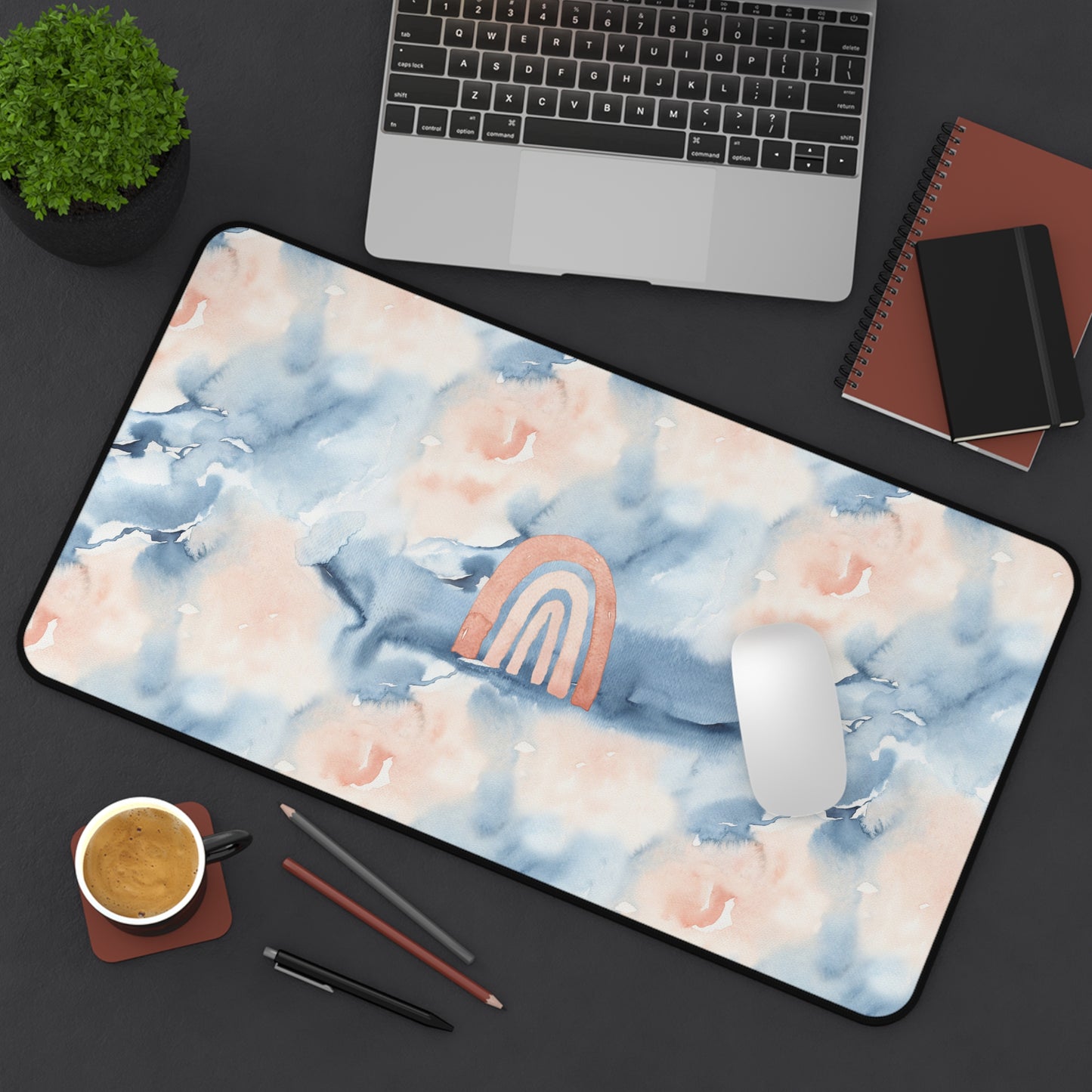 Watercolor Pink and Blue Rainbow Desk Mat