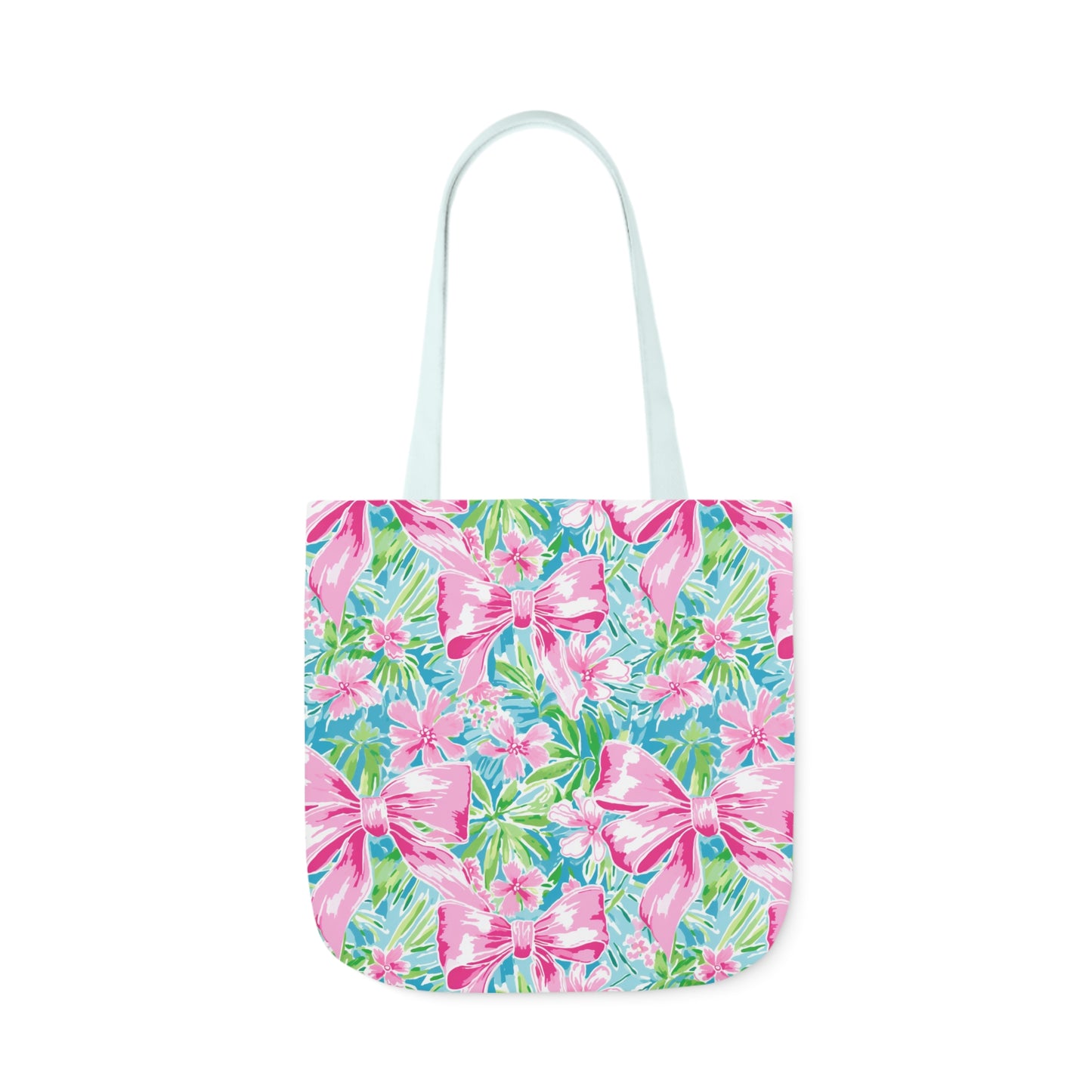 Preppy Pink Bows Bright Floral Canvas Tote Bag, 5-Color Straps