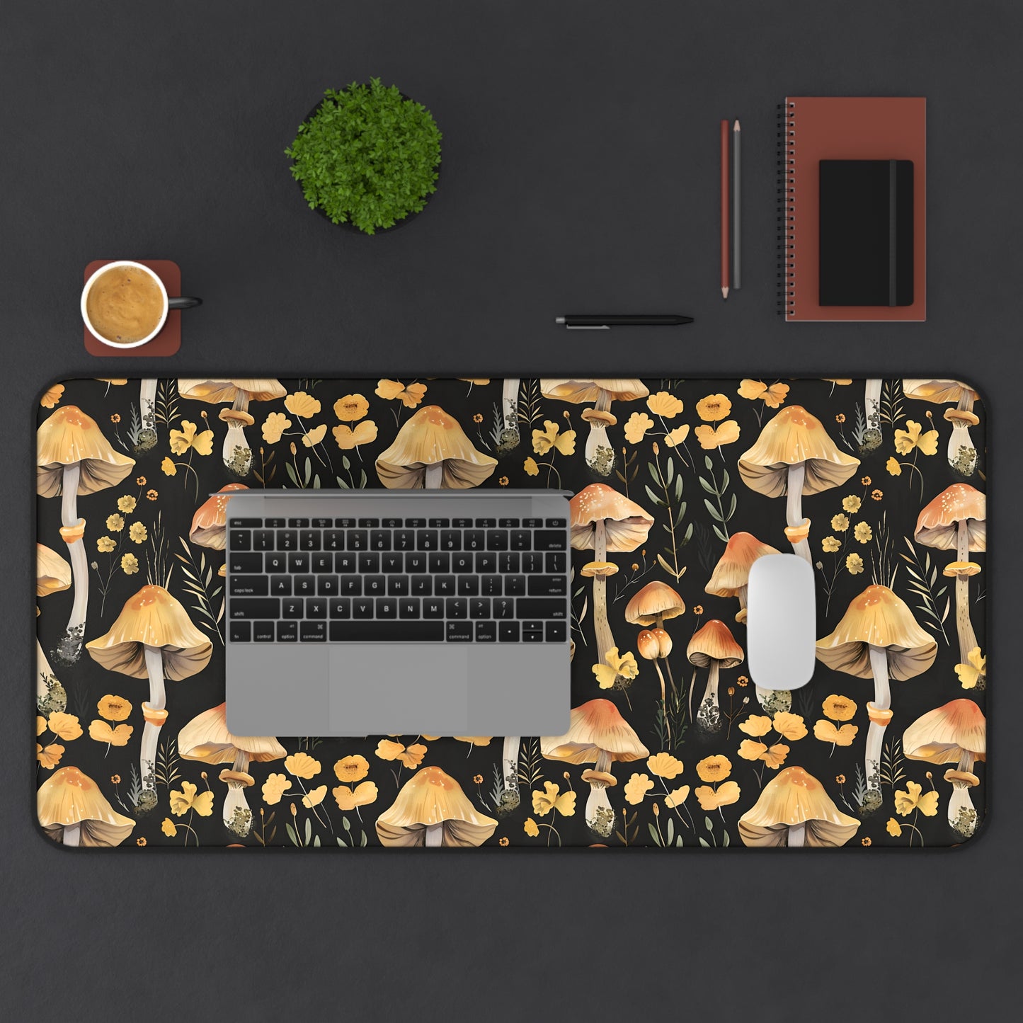 Yellow Mushroom Dark Desk Mat