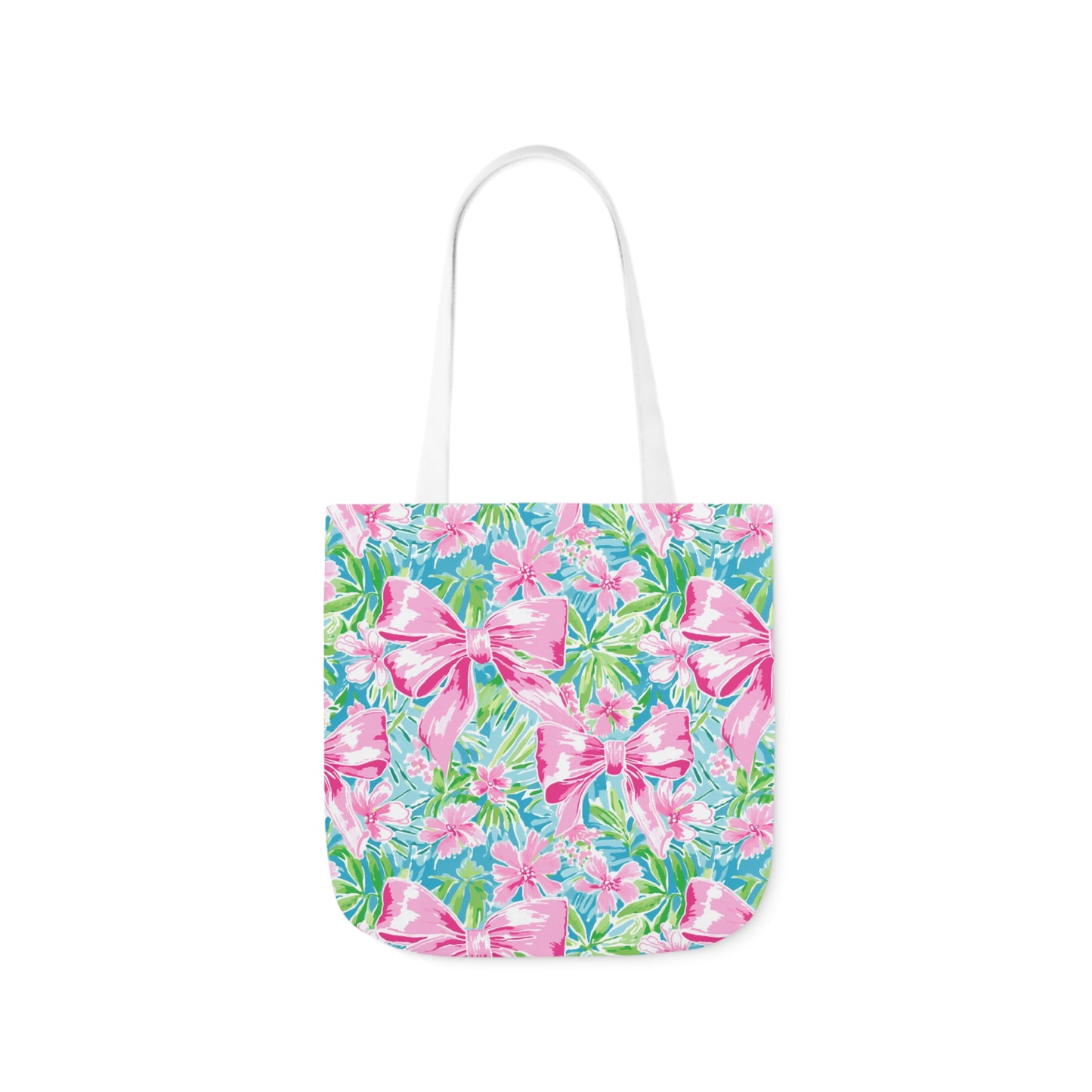 Preppy Pink Bows Bright Floral Canvas Tote Bag, 5-Color Straps