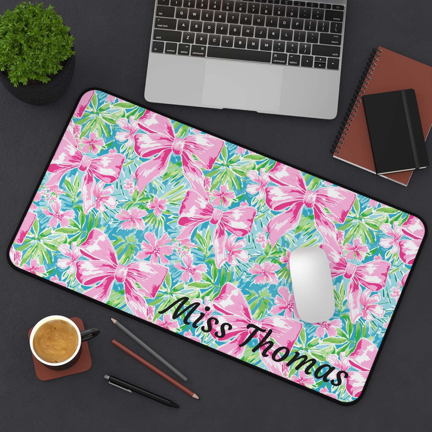 Personalized Preppy Pink Bows Bright Floral Desk Mat