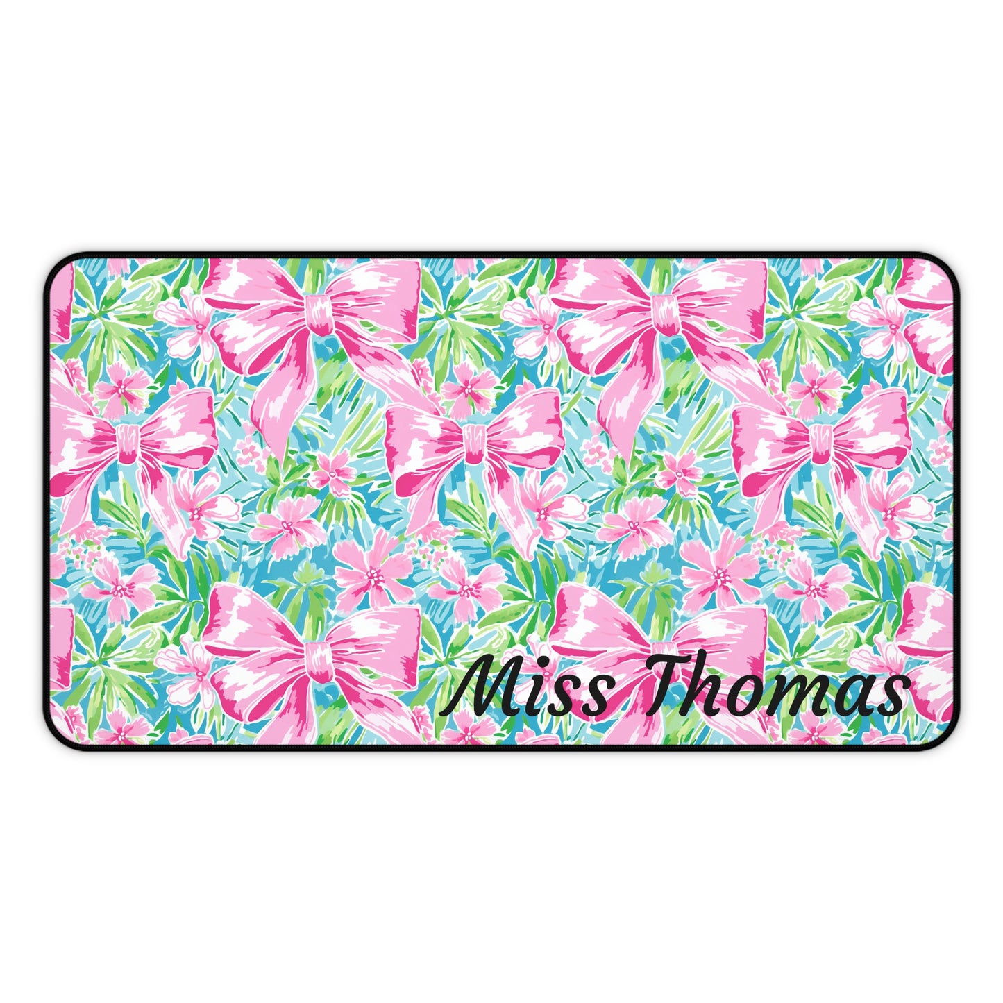 Personalized Preppy Pink Bows Bright Floral Desk Mat