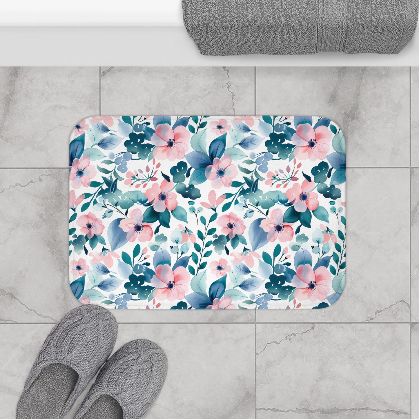 Pink and Teal Floral Bath Mat