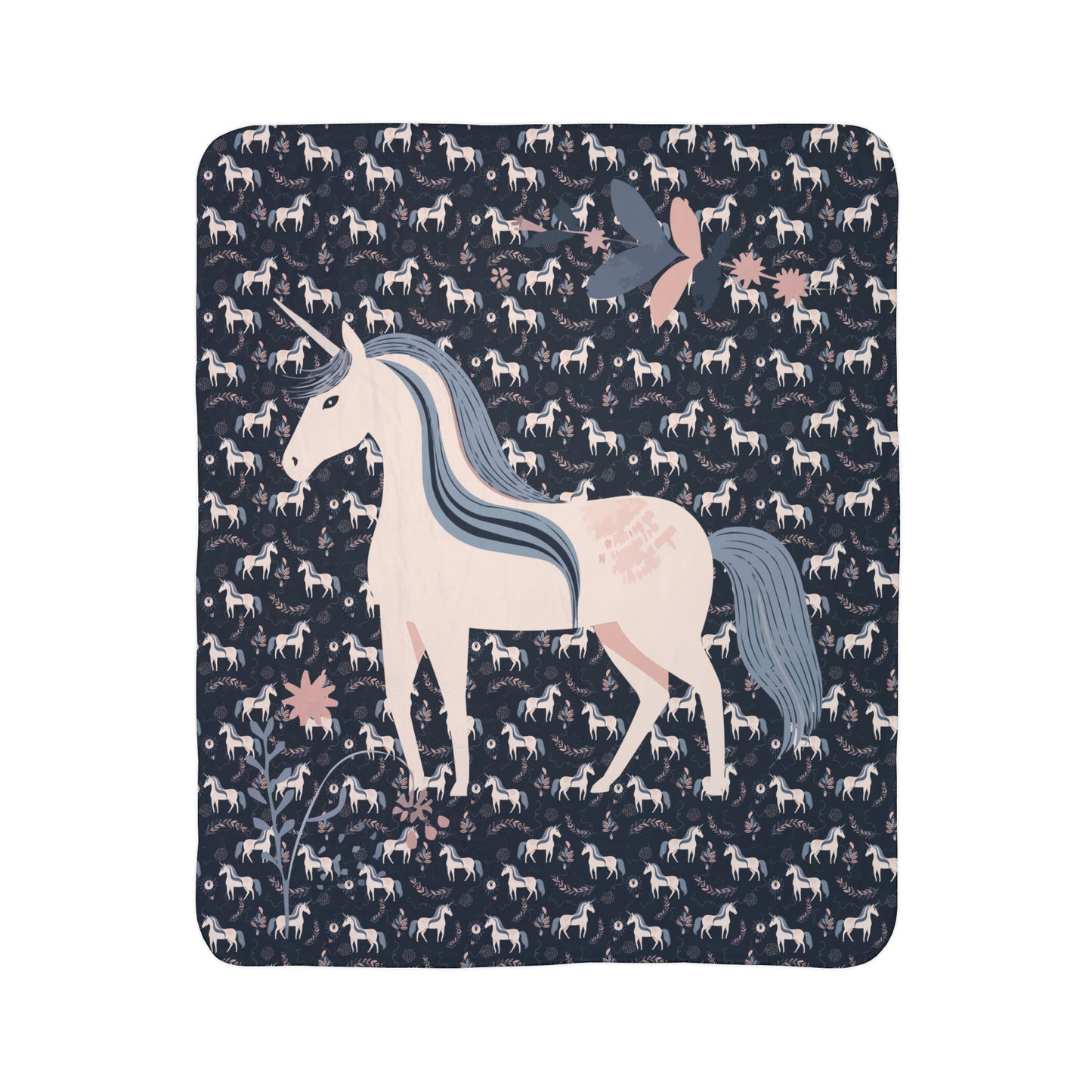 Pink and Navy Unicorn Fleece Sherpa Blanket