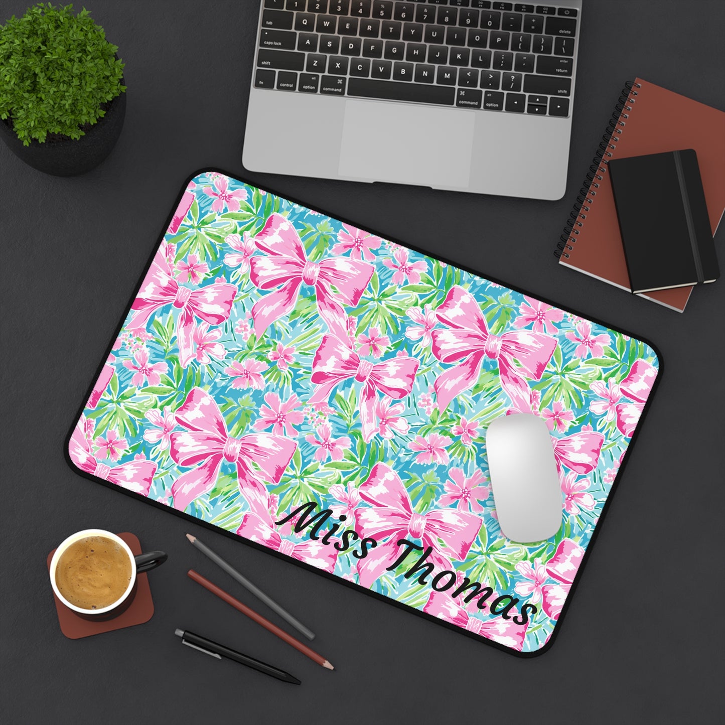 Personalized Preppy Pink Bows Bright Floral Desk Mat