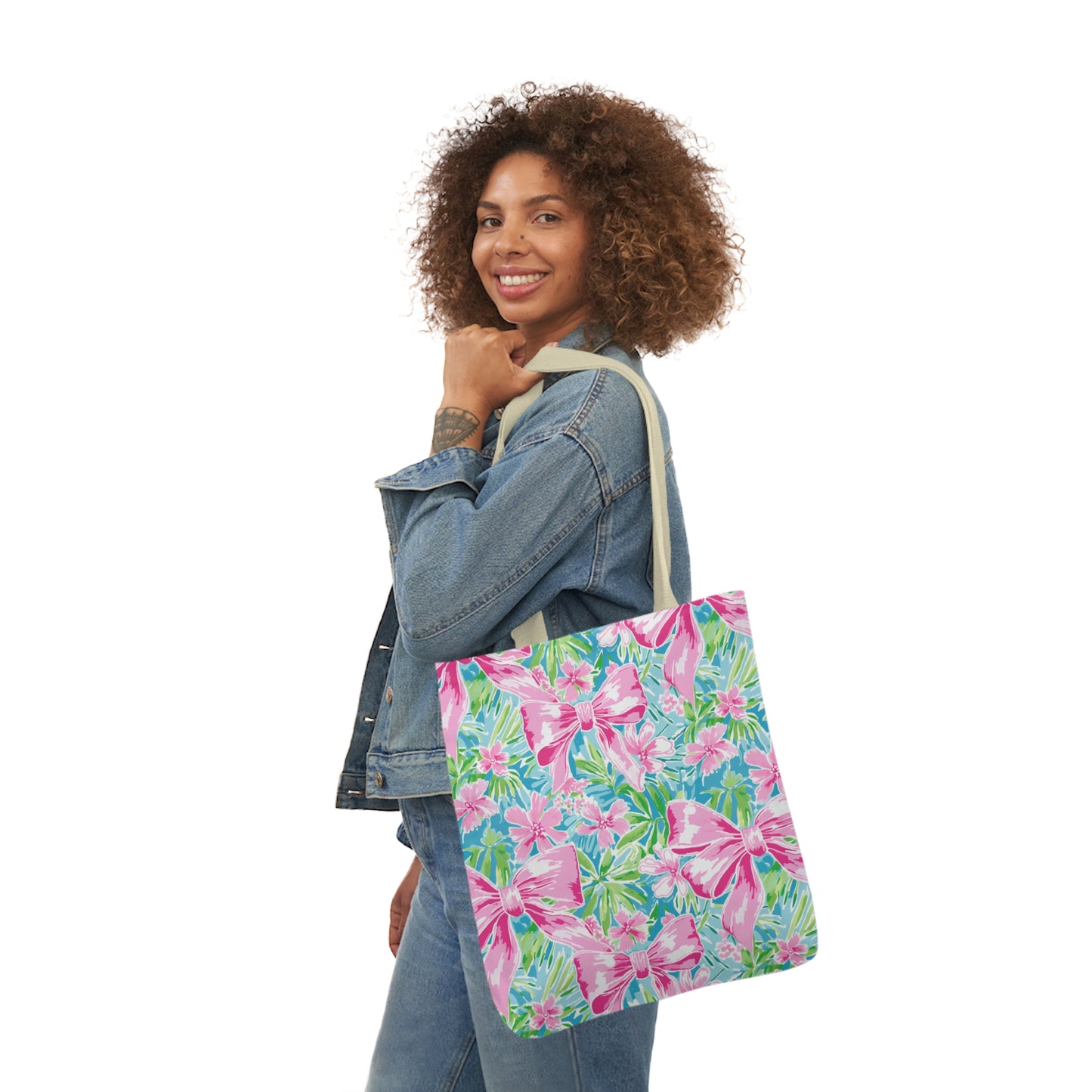 Preppy Pink Bows Bright Floral Canvas Tote Bag, 5-Color Straps