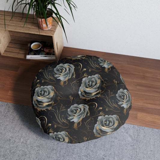 Black Blue Rose Tufted Floor Pillow, Round