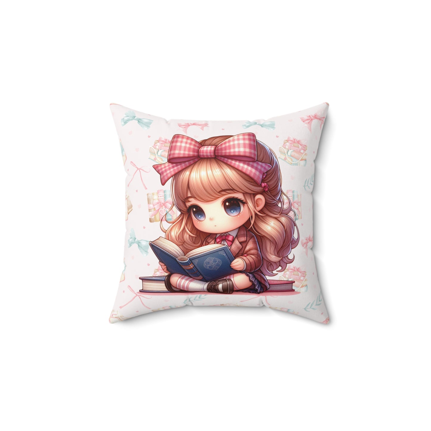 Cute Girl Reading Book Spun Polyester Square Pillow