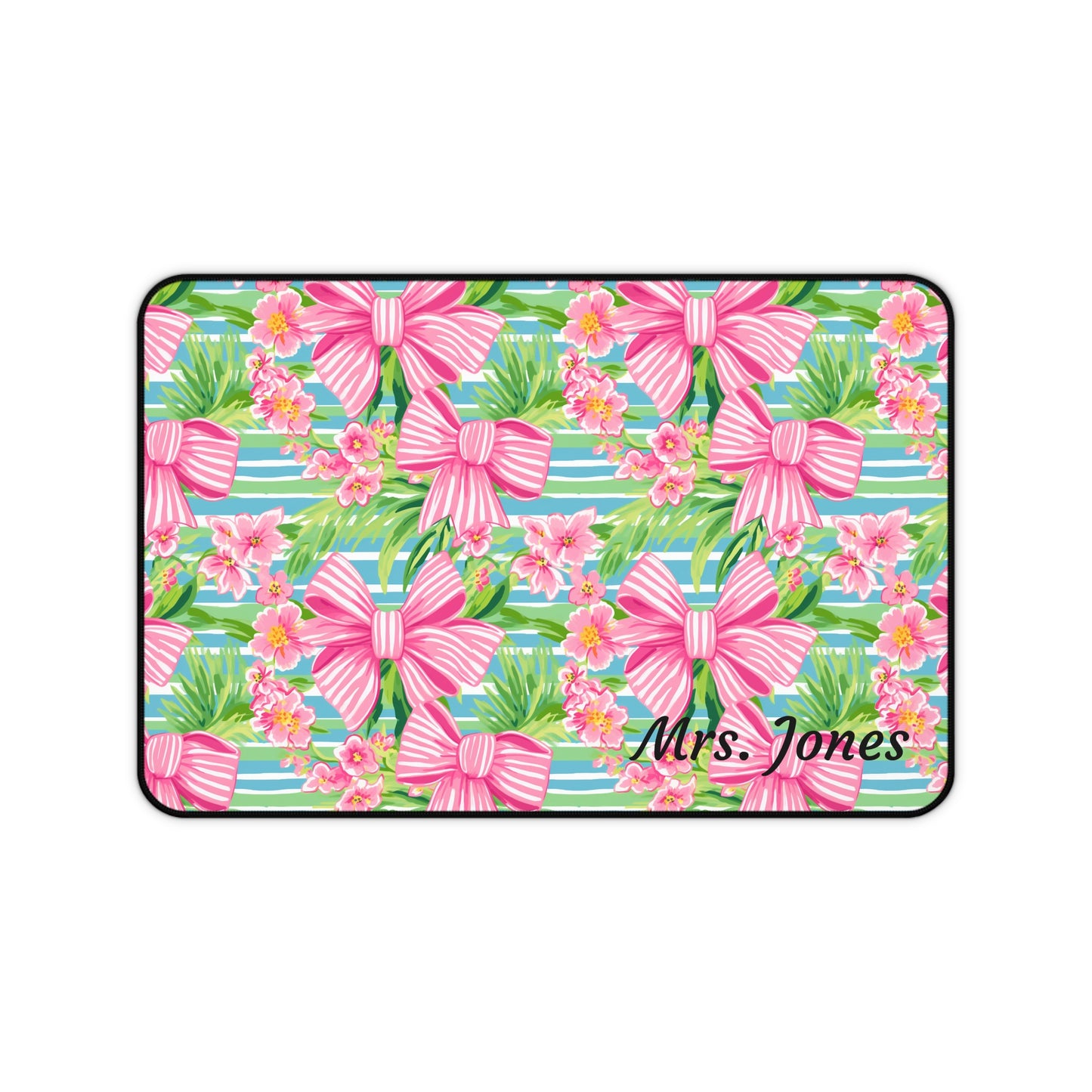 Personalized Preppy Pink Bows Striped Desk Mat