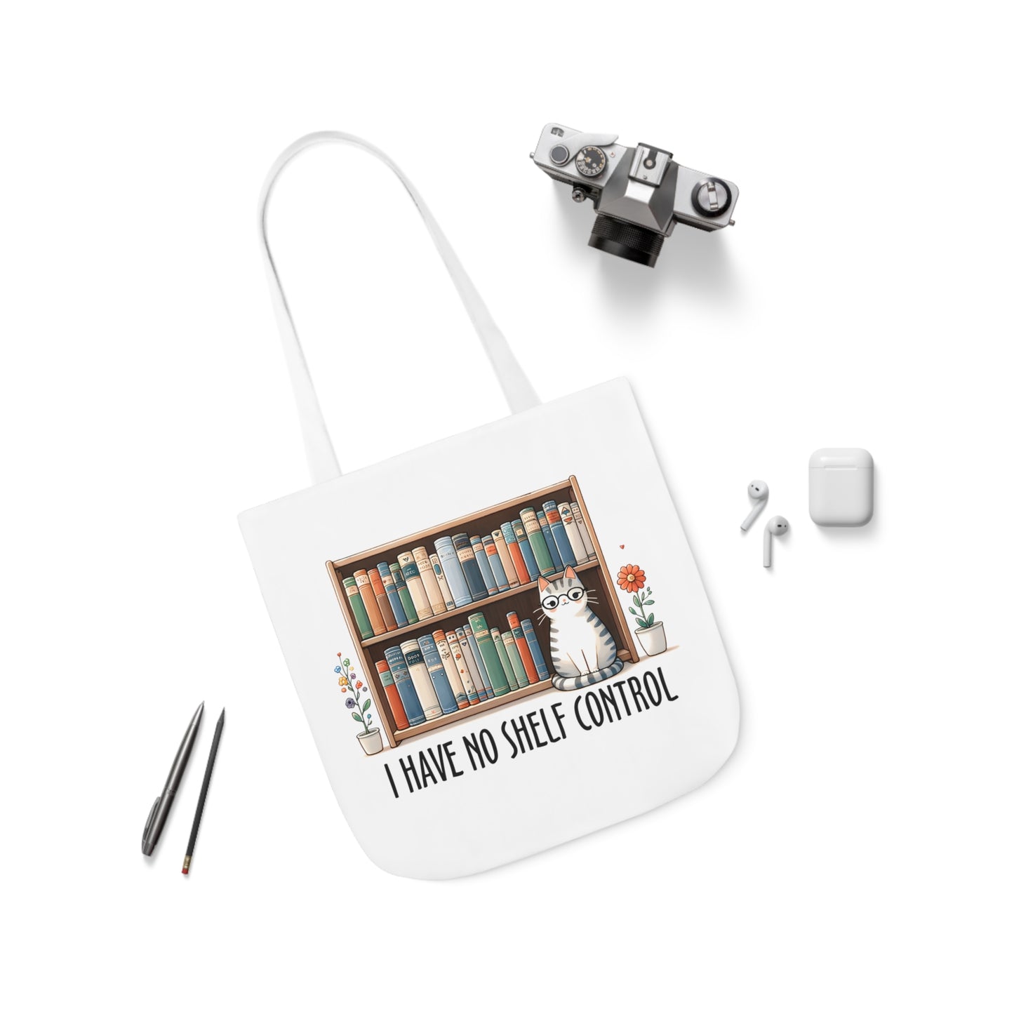 I Have No Shelf Control Cat Canvas Tote Bag, 3-Color Straps