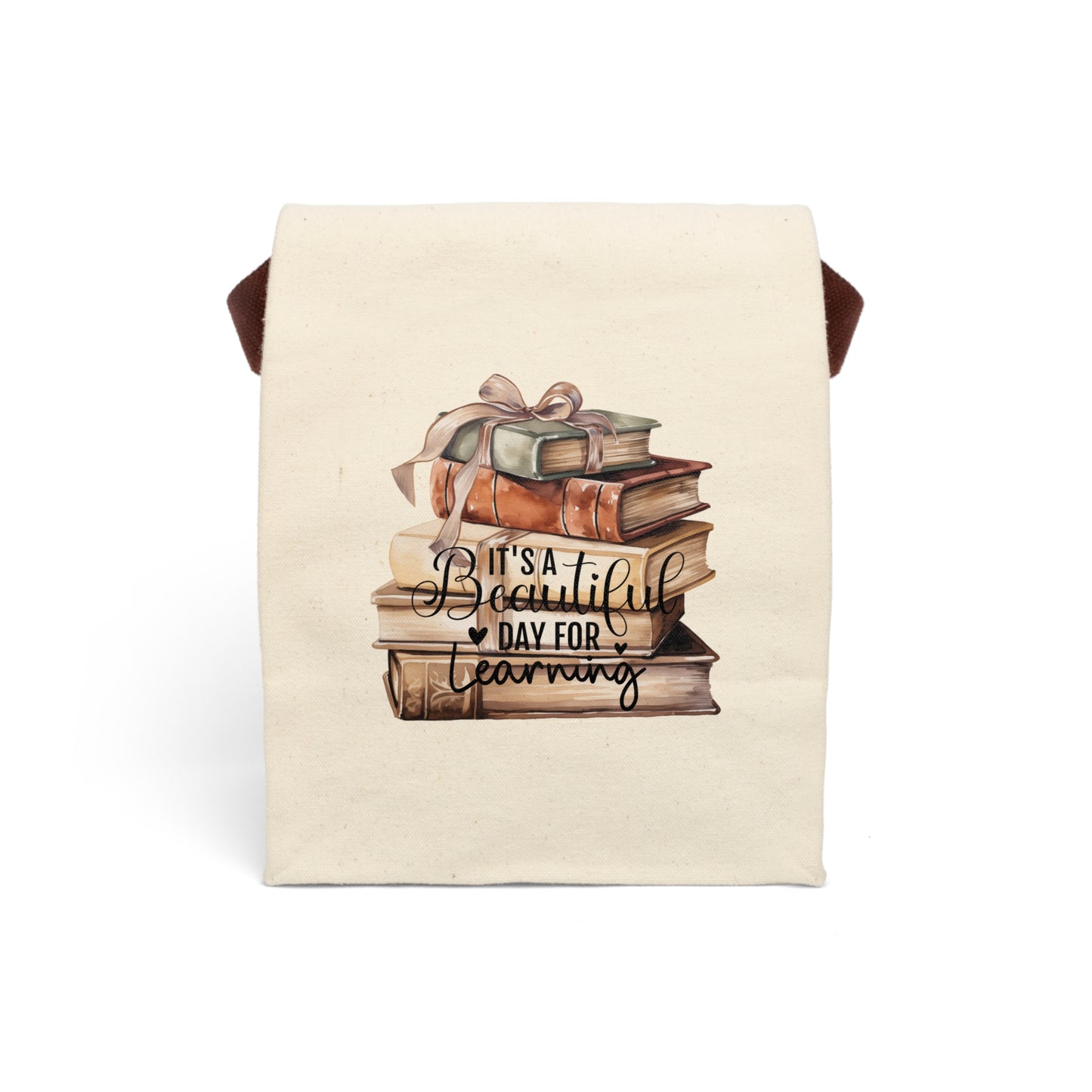 It's A Beautiful Day For Learning Book Stack with Bow Canvas Lunch Bag With Strap