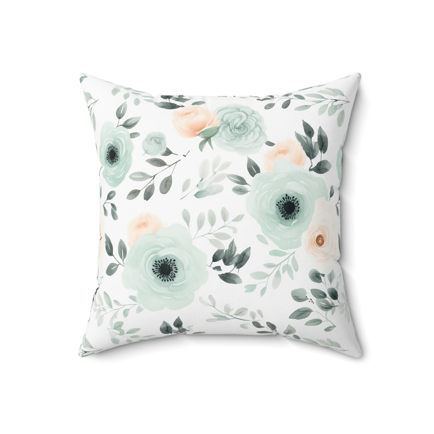 Mint Floral Faux Suede Square Pillow