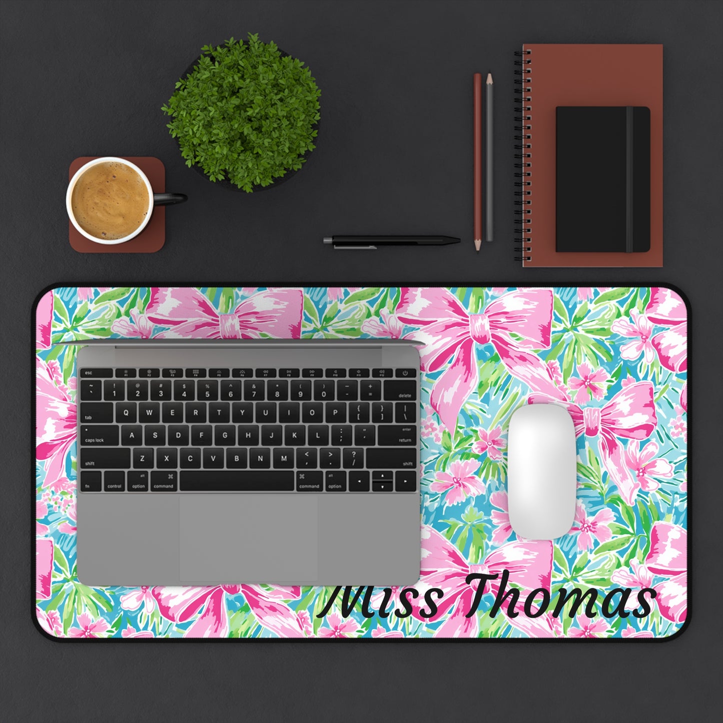 Personalized Preppy Pink Bows Bright Floral Desk Mat