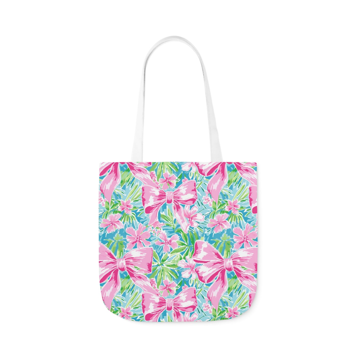 Preppy Pink Bows Bright Floral Canvas Tote Bag, 5-Color Straps