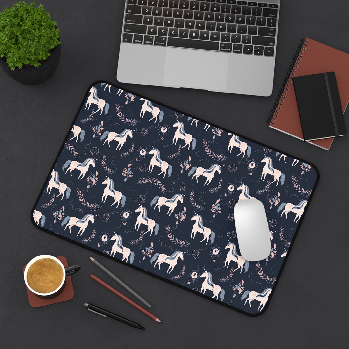 Pink and Navy Unicorn Floral Desk Mat