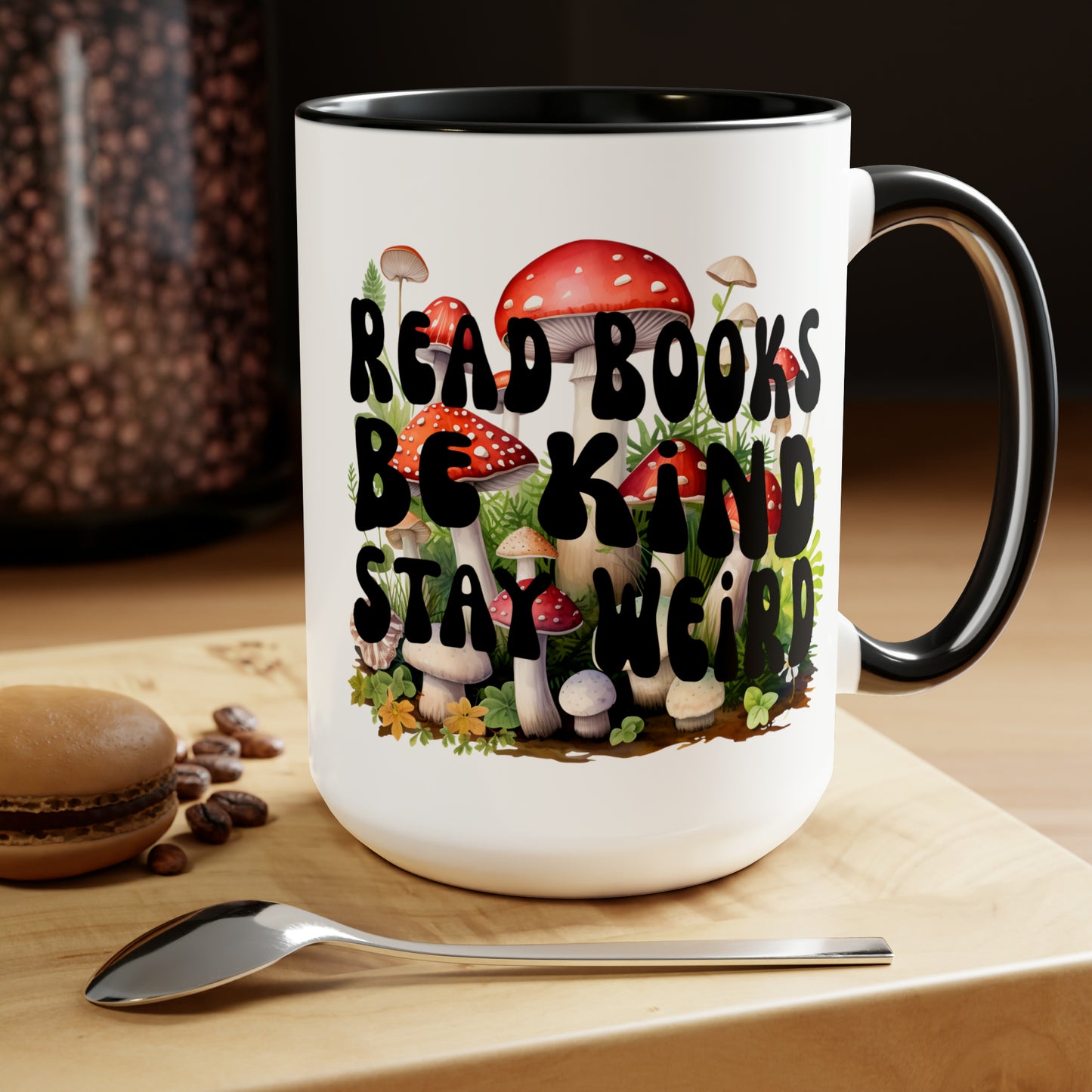 Read Books Be Kind Stay Weird Mushroom Two-Tone Coffee Mugs, 15oz