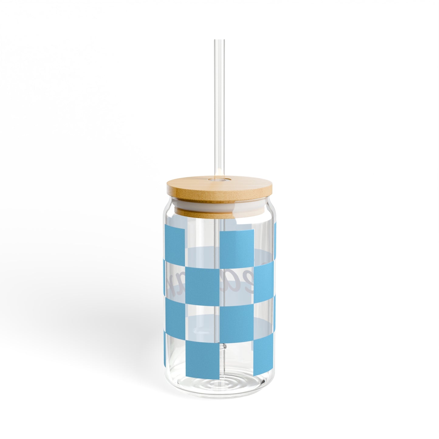 Personalized Light Blue Checkerboard Sipper Glass, 16oz