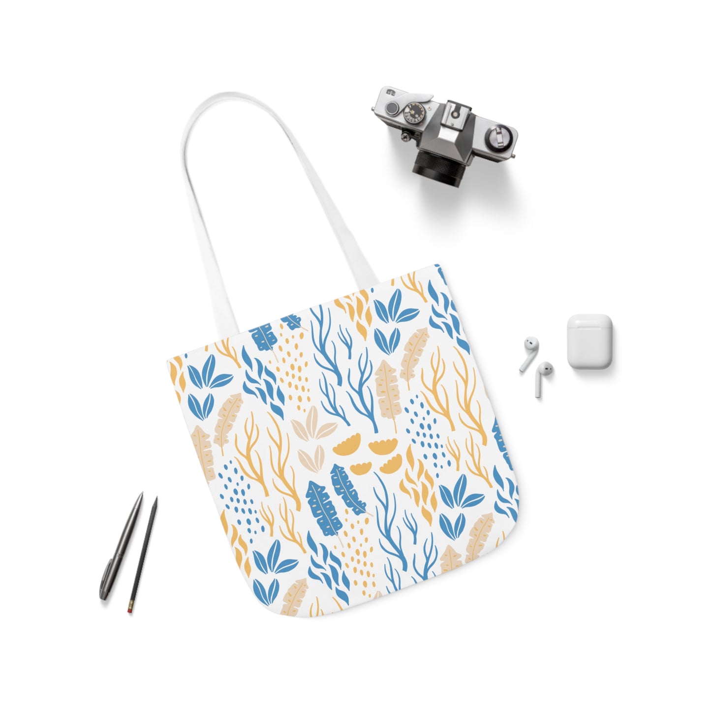 Yellow and Blue Floral Canvas Tote Bag, 2-Color Straps