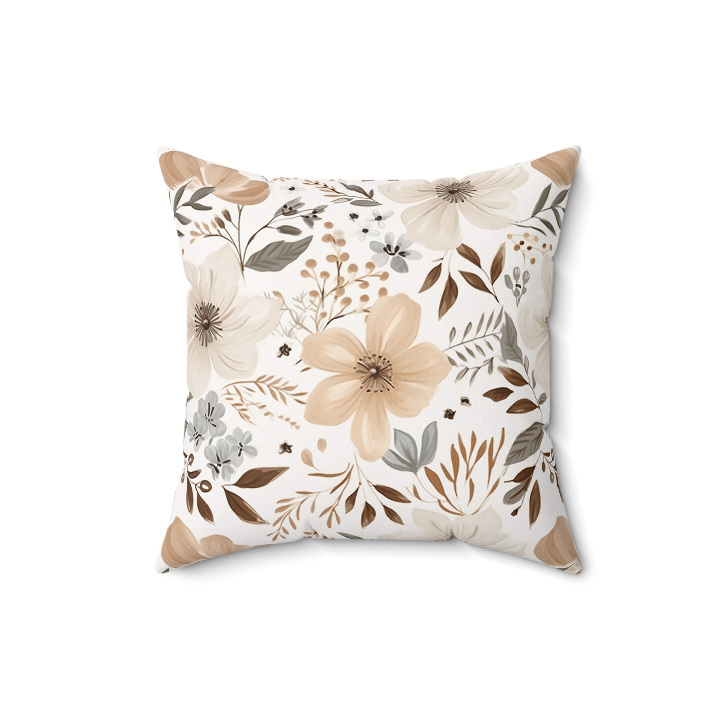 Beige Boho Floral Faux Suede Square Pillow