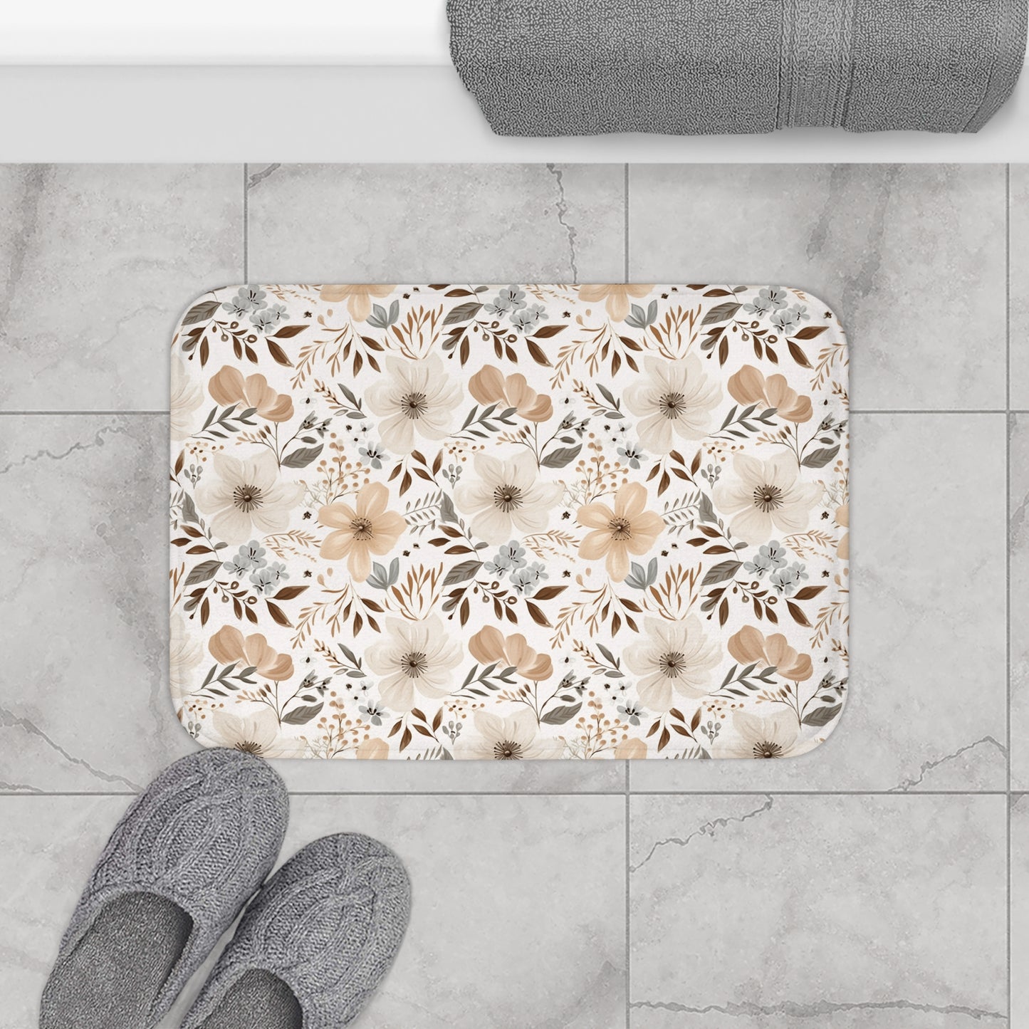 Beige Boho Floral Bath Mat