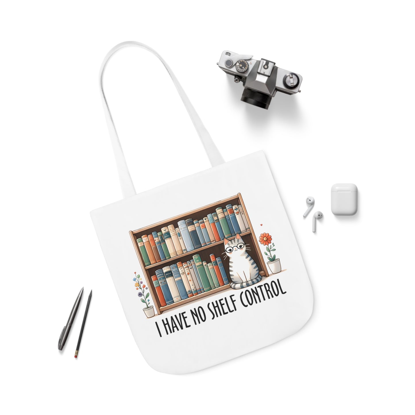 I Have No Shelf Control Cat Canvas Tote Bag, 3-Color Straps