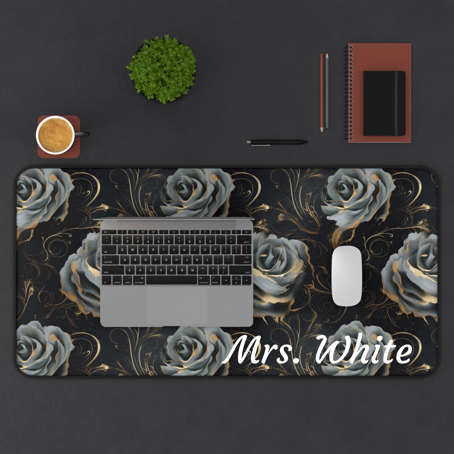 Personalized Black Blue Rose Desk Mat