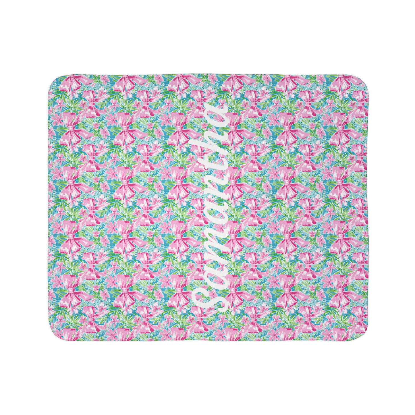 Personalized Preppy Pink Bow Bright Floral Fleece Sherpa Blanket