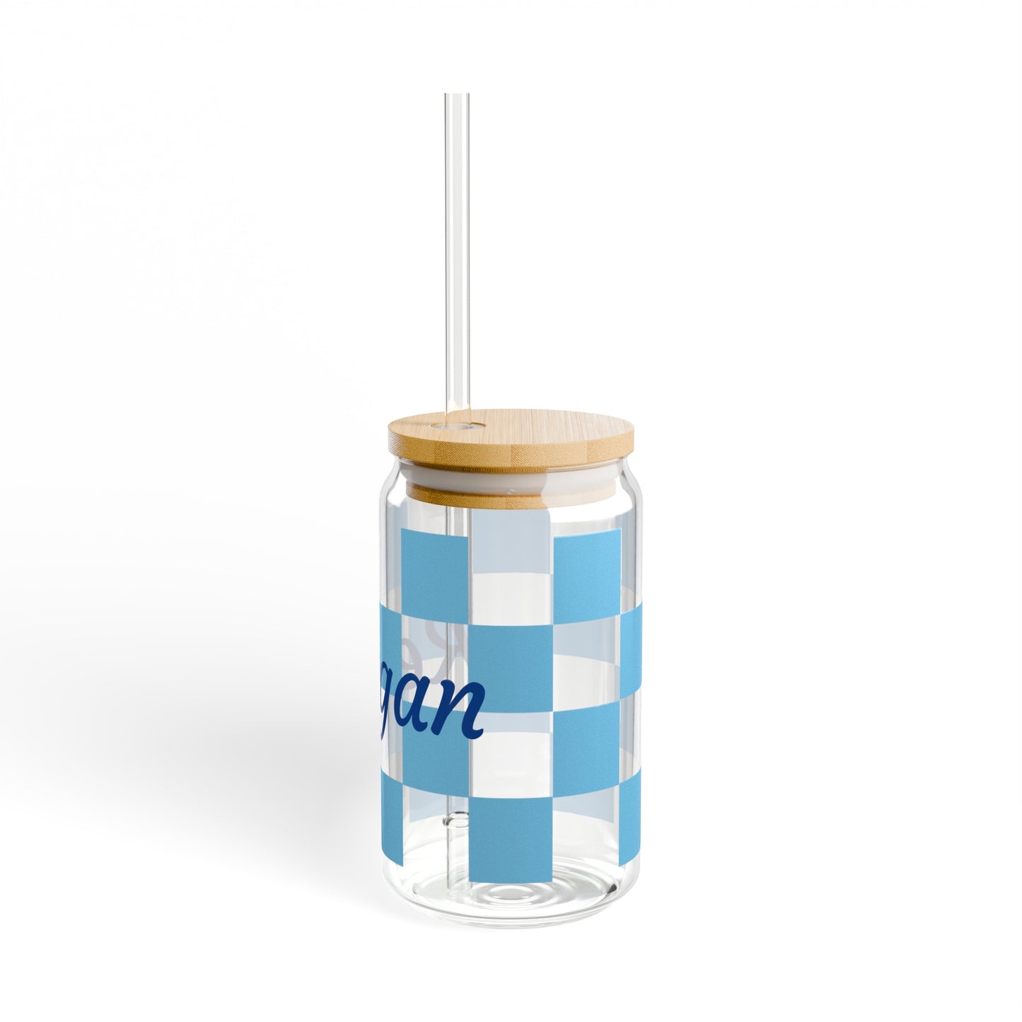 Personalized Light Blue Checkerboard Sipper Glass, 16oz