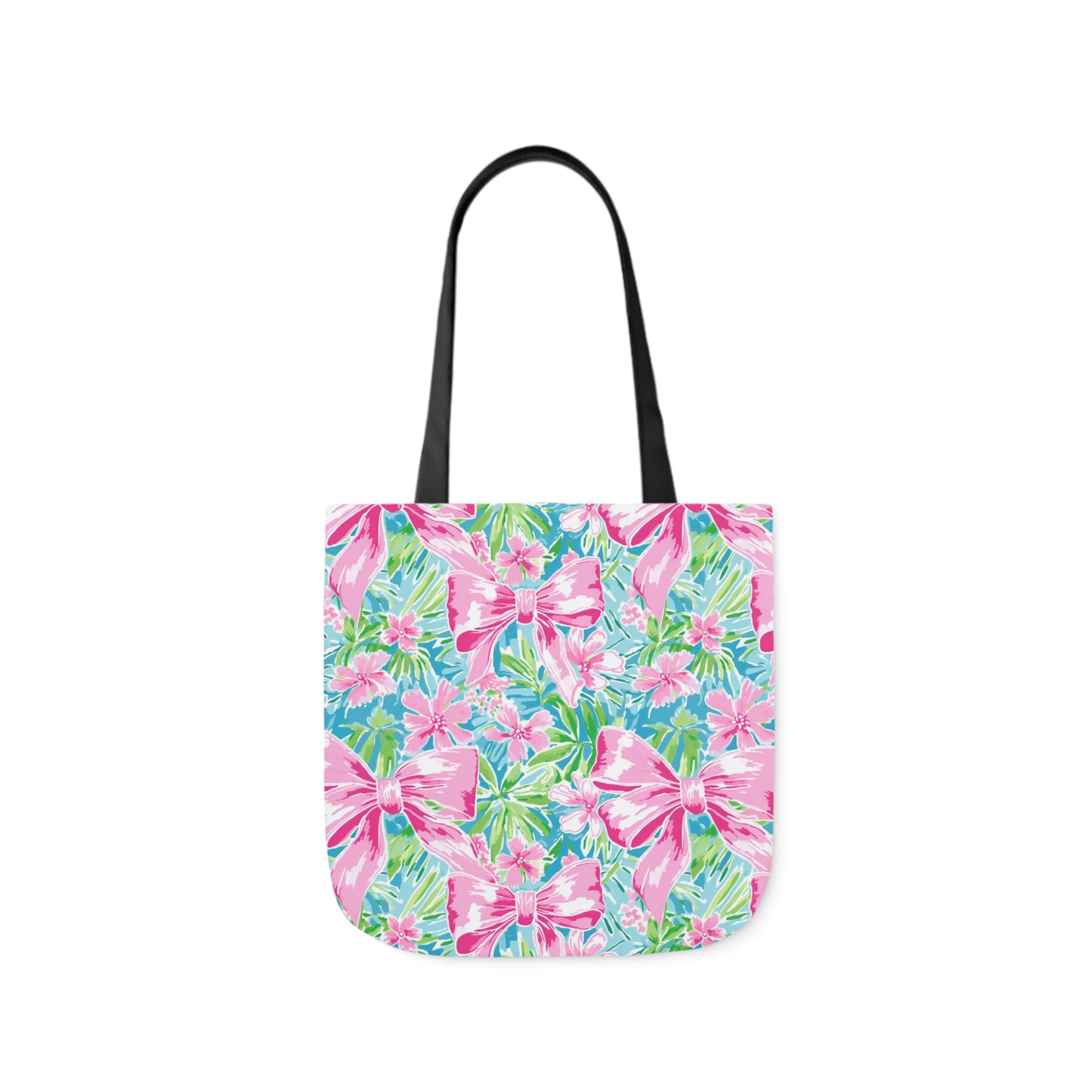 Preppy Pink Bows Bright Floral Canvas Tote Bag, 5-Color Straps