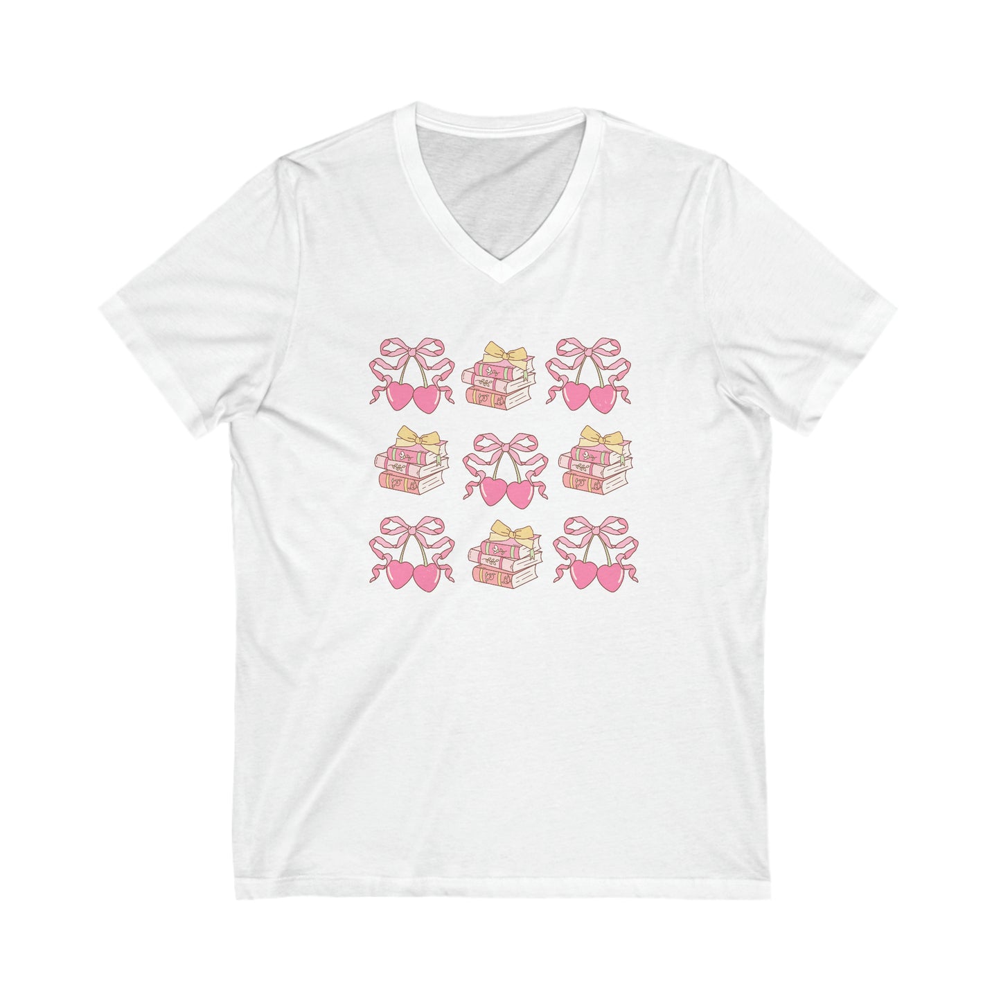 Books and Bows Pink Hearts Unisex Jersey Short Sleeve V-Neck Tee