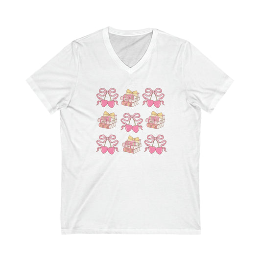 Books and Bows Pink Hearts Unisex Jersey Short Sleeve V-Neck Tee