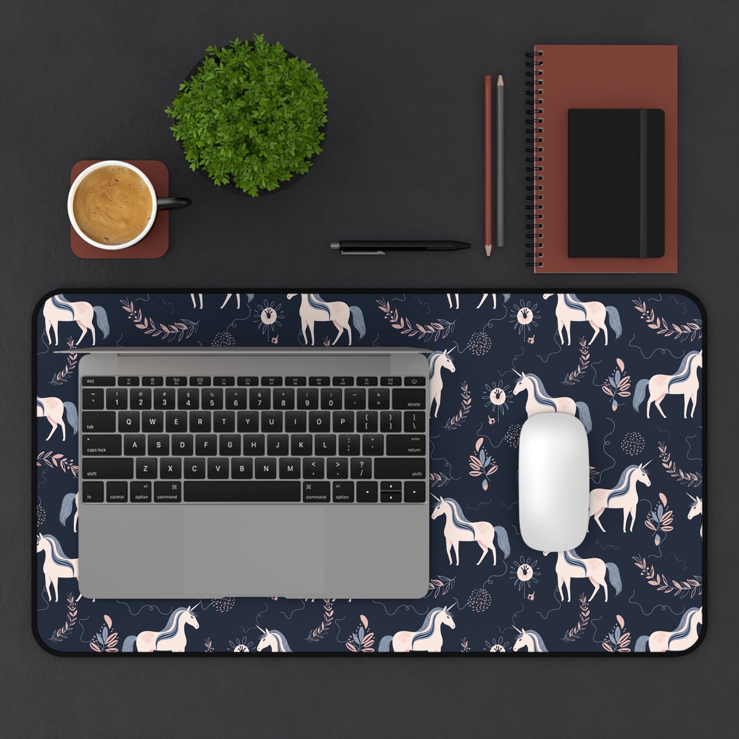 Pink and Navy Unicorn Floral Desk Mat