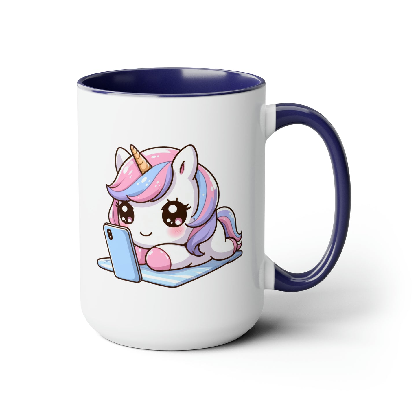 Cute Unicorn with Phone Two-Tone Coffee Mugs, 15oz