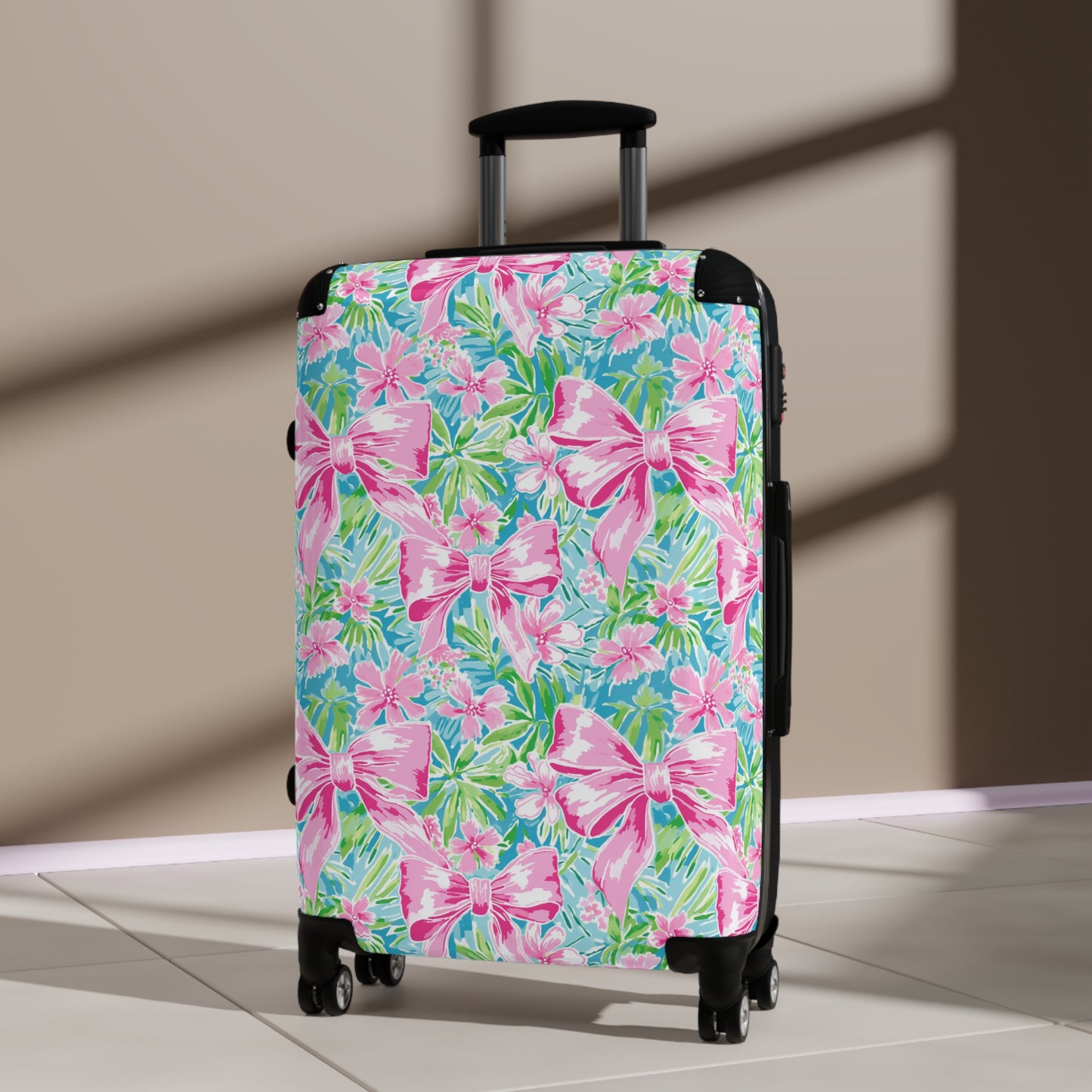 Preppy Pink Bows Bright Floral Suitcase