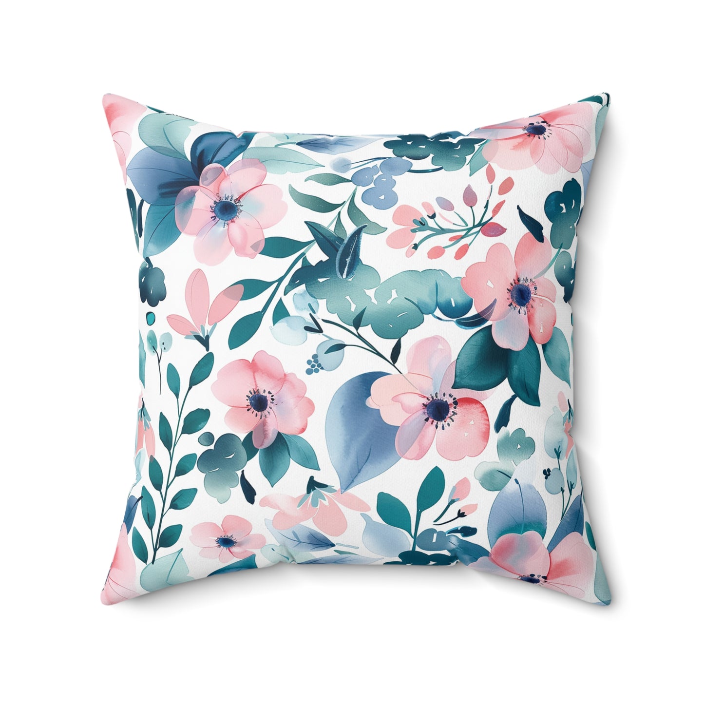 Pink and Teal Floral Faux Suede Square Pillow