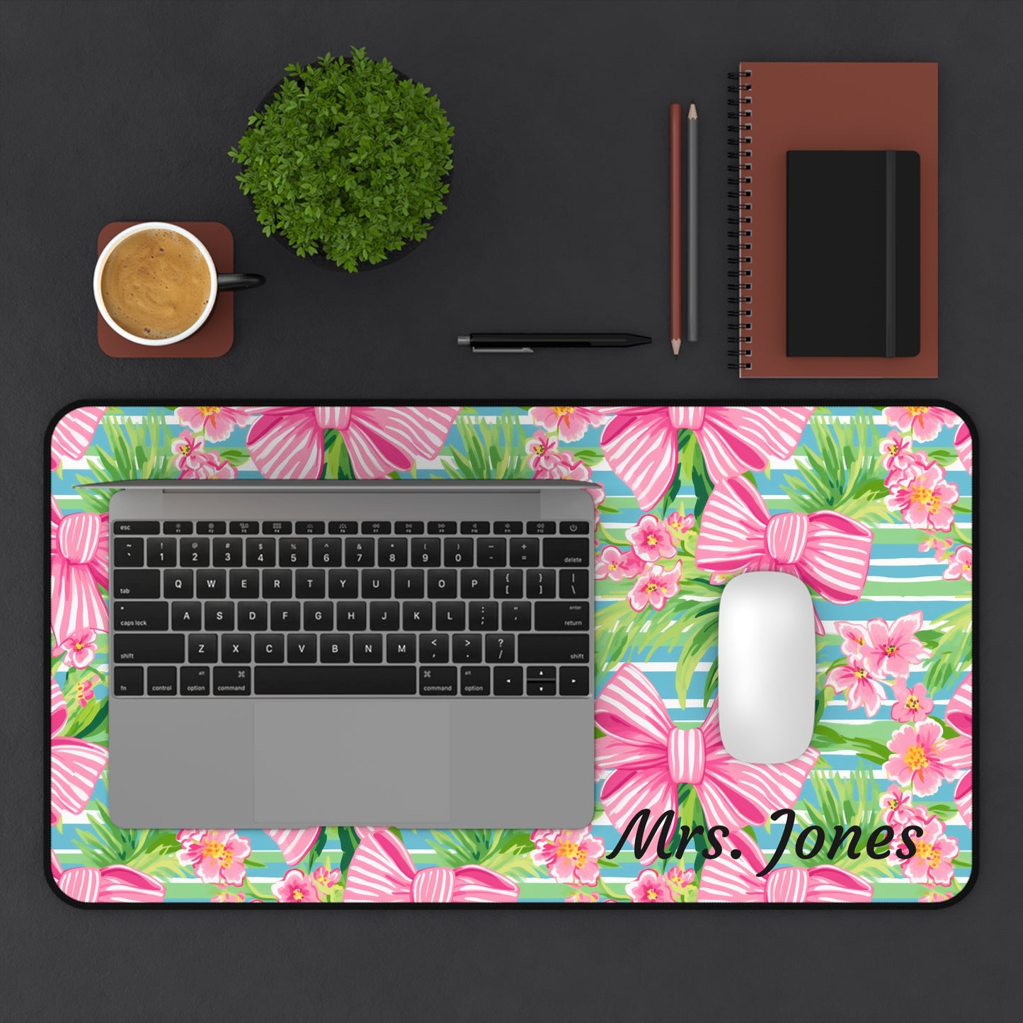 Personalized Preppy Pink Bows Striped Desk Mat