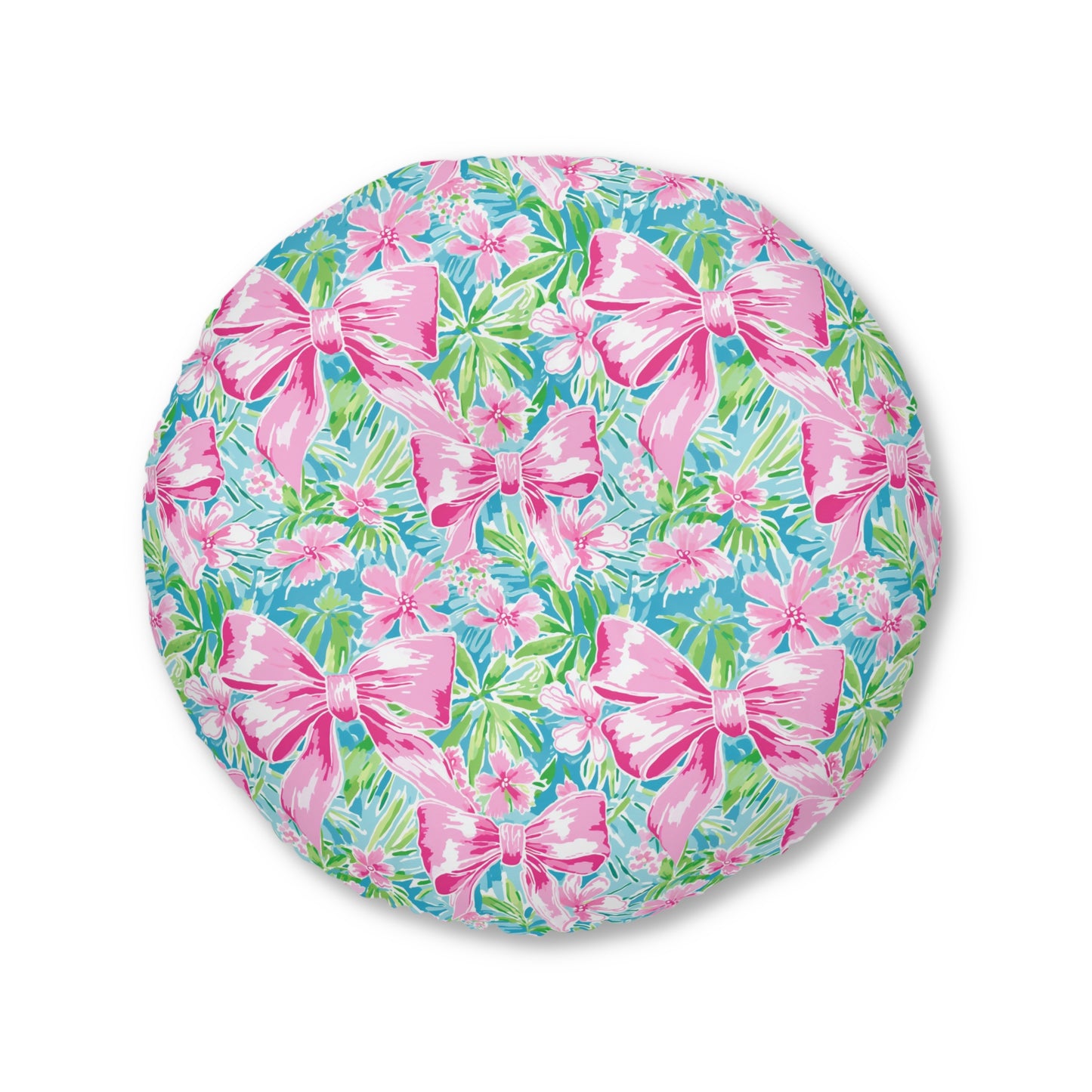 Preppy Pink Bows Bright Floral Tufted Floor Pillow, Round