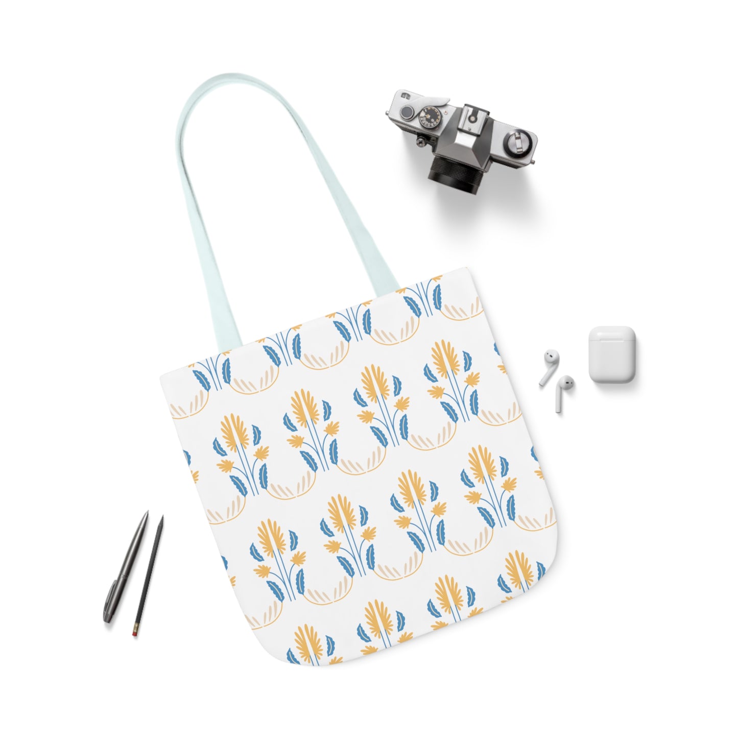 Yellow and Blue Floral Repeat Canvas Tote Bag, 3-Color Straps