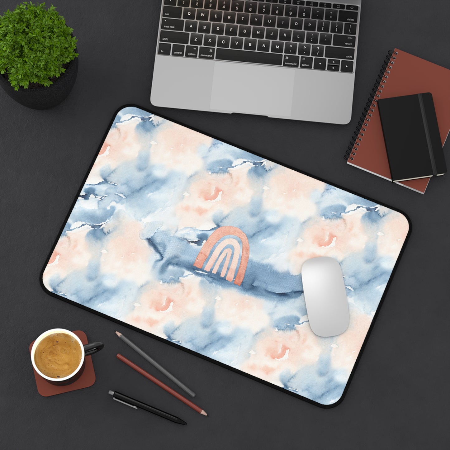 Watercolor Pink and Blue Rainbow Desk Mat