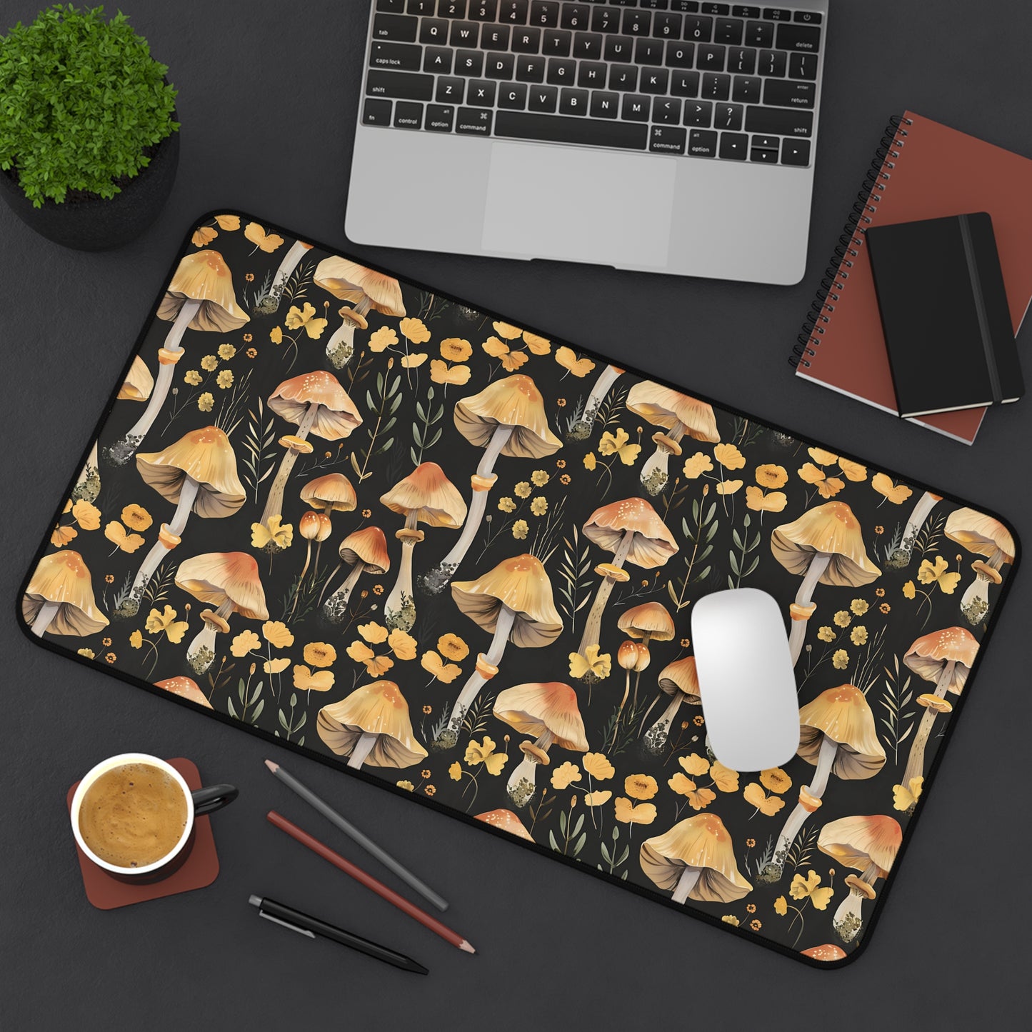 Yellow Mushroom Dark Desk Mat