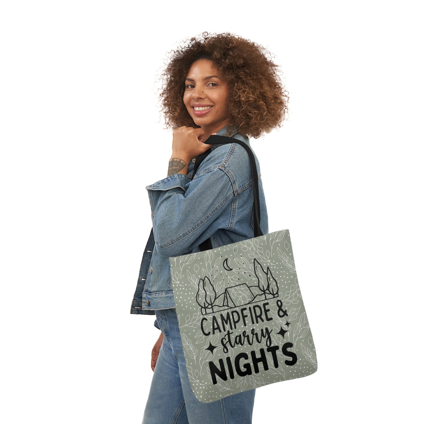 Green Floral Campfire & Starry Nights Canvas Tote Bag, 3-Color Straps